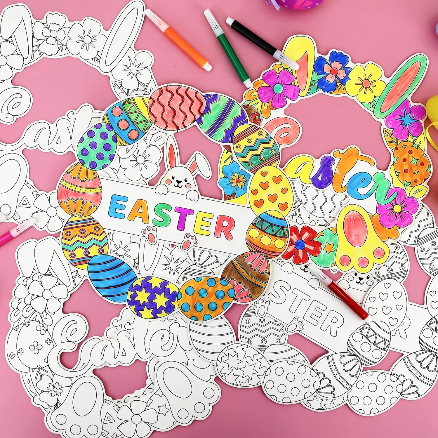 24 PCS Easter Wreath Craft Kit DIY, Easter Crafts for Adults, Paper Wreath Egg Bunny Decorations Coloring with Watercolor Pens Hanging Sign for Classroom Home Wall Decor Activities Indoor(2 Design)