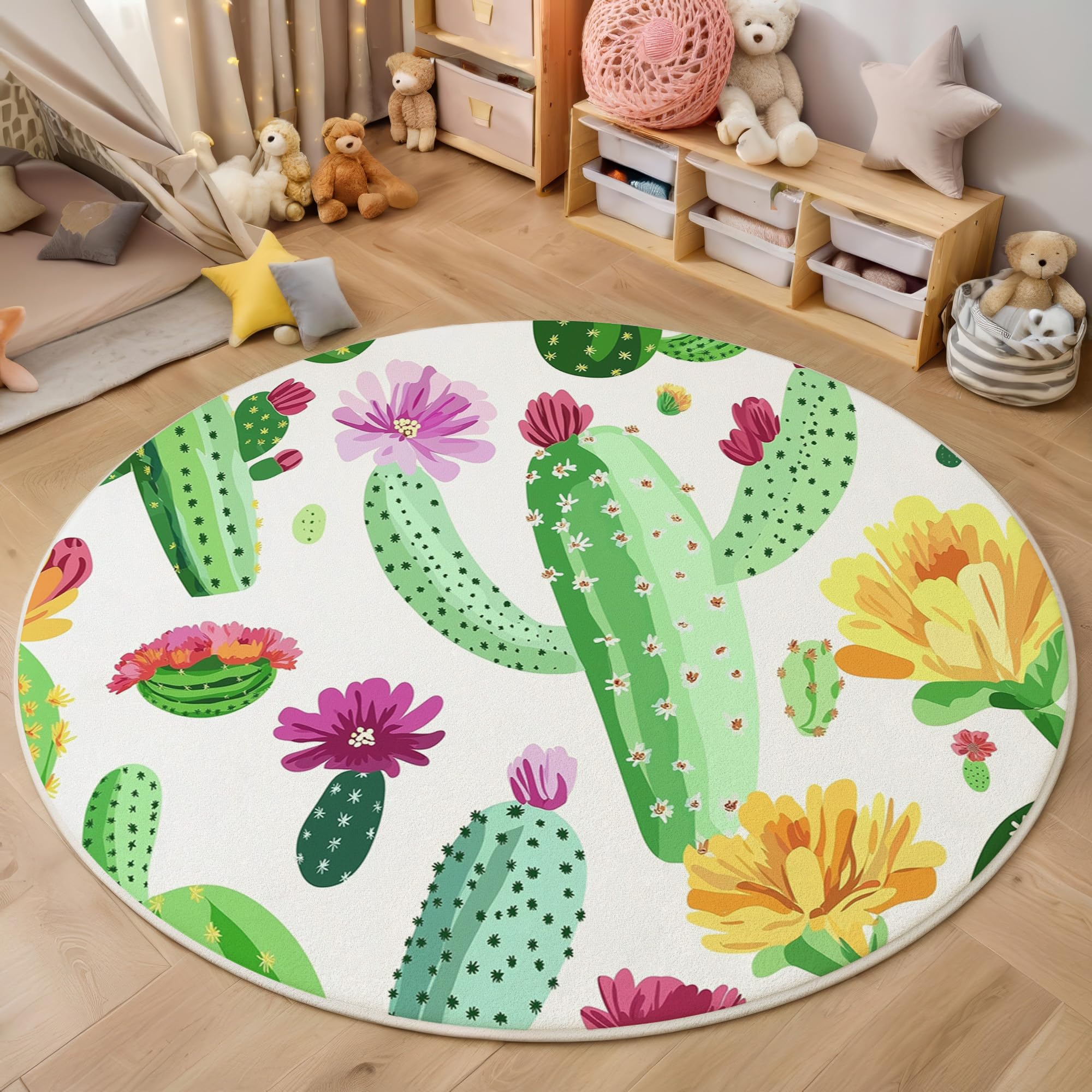 Tapis de salon vert sauge rond 200cm pour une ambiance cactus douce