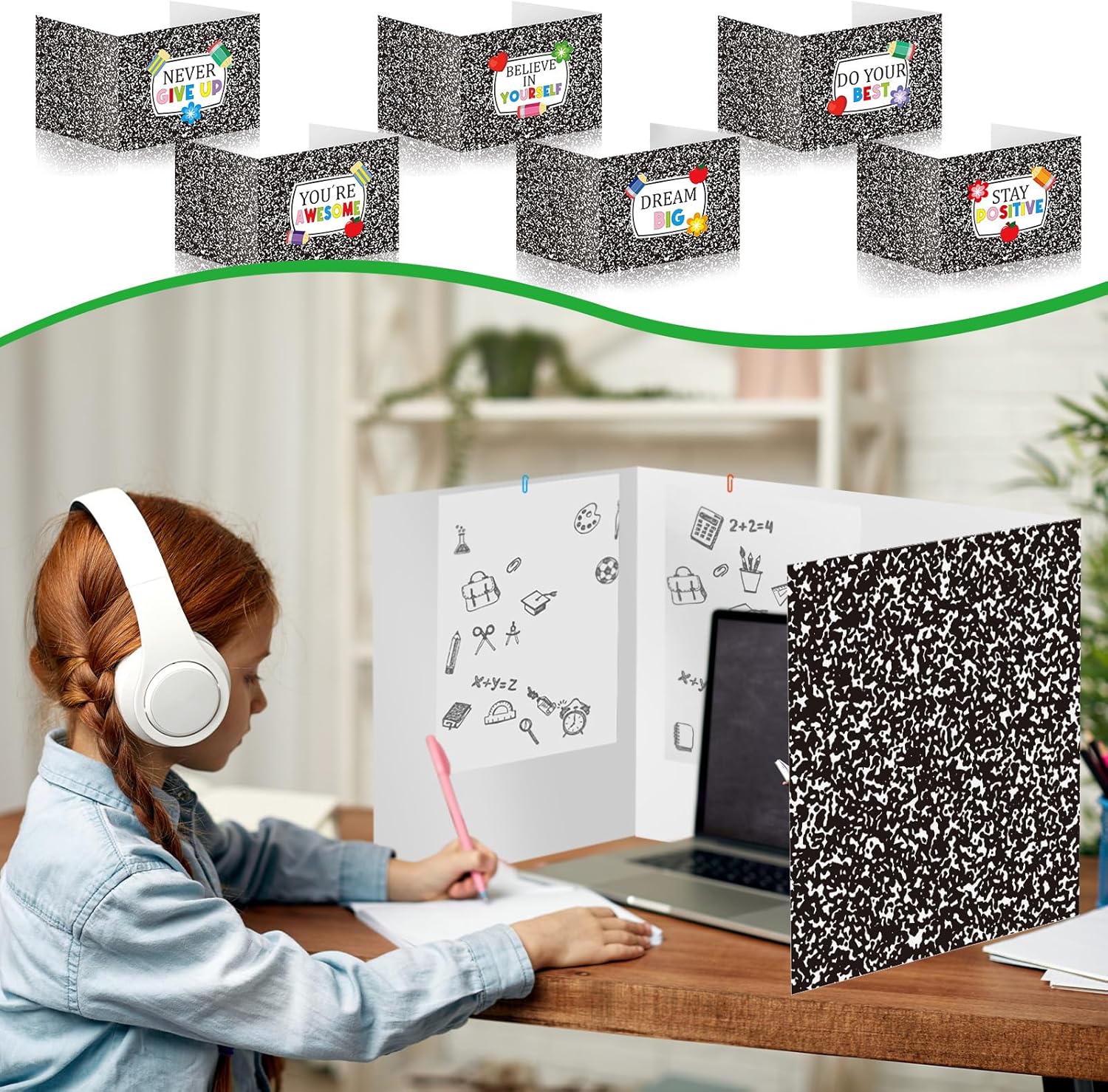 Cinrobiye 24 Pcs Composition Privacy Folders Standard for Students Cardboard Shields Test Privacy Boards Inspirational Words Desk Dividers Shield for Classroom School Study Supplies (Black)