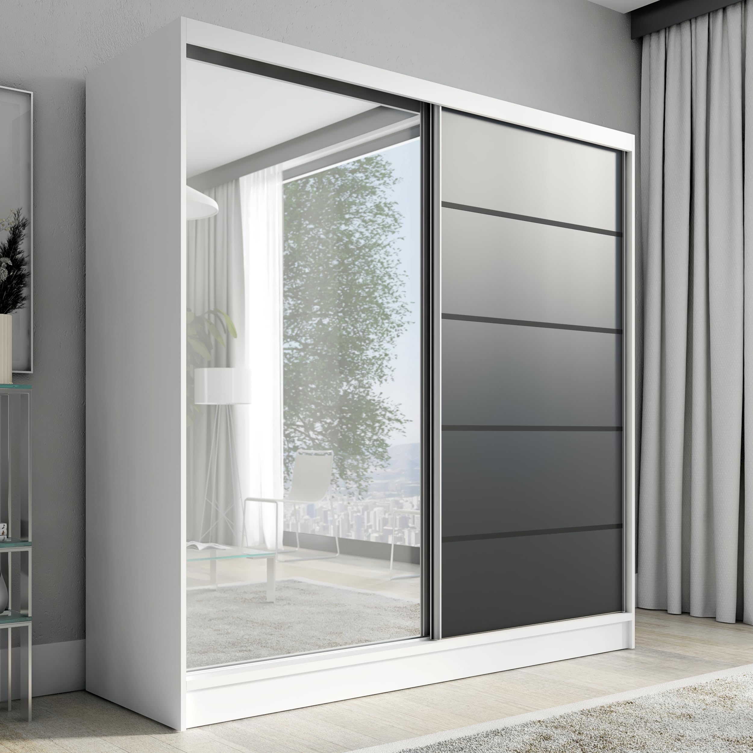 A&J MöbelLand Schwebetürenschrank Nero Kleiderschrank 2-türig mit Schubladen und Spiegel, Garderobe 200 cm (Weiß/schwarz)
