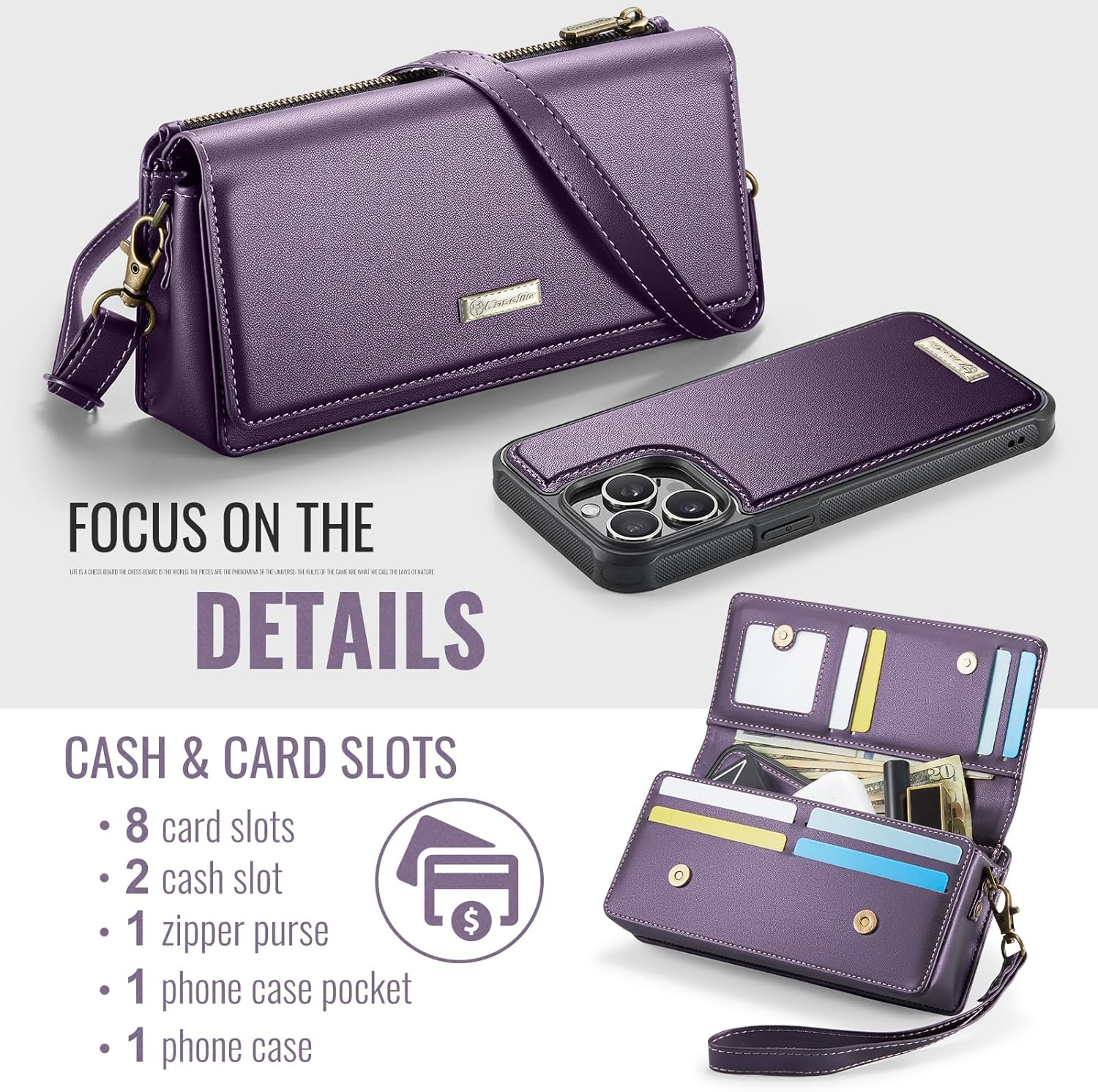 CaseMe 2-in-1 Detachable for iPhone 12 Pro Max Crossbody Wallet Case with RFID Blocking 10-Card Holder for Woman, PU Leather Strap Zipper Purse Wallet Phone Case for iPhone 12 Pro Max 6.7", Purple