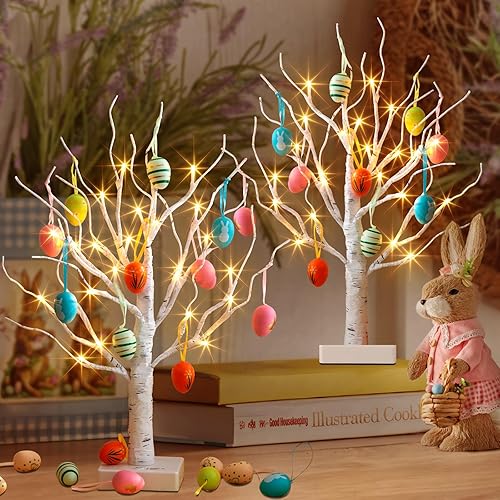 Vanthylit Juego de 2 luces de árbol de Pascua de 22 pulgadas, funciona con pilas, USB con temporizador, luz blanca iluminada de abedul para