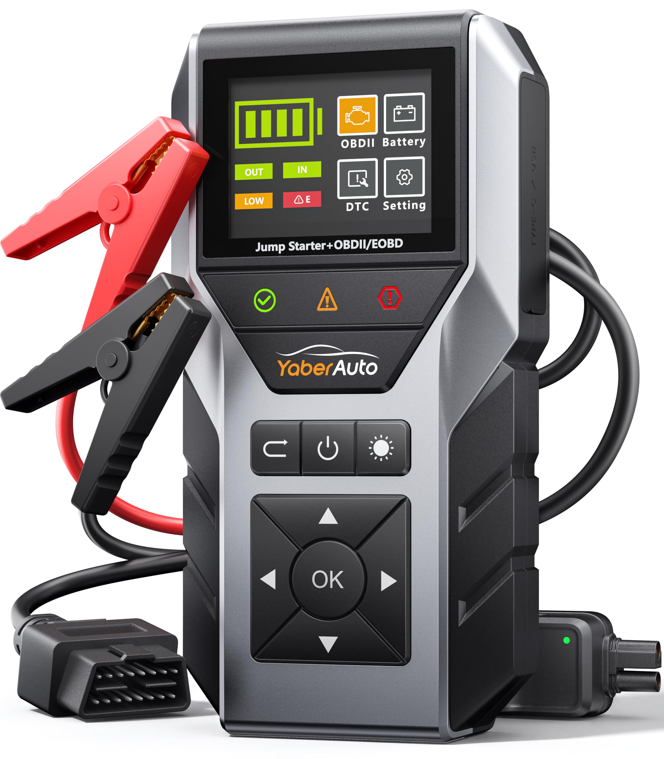 YaberAuto Booster Batterie Voiture 6000A avec Valise Diagnostic OBD2 et Testeur de Batterie, Batterie Externe de Démarrage 16800mAh pour Tous Moteurs Essence et Diesel 10,0 L, Lampe LED, Câbles Inclus