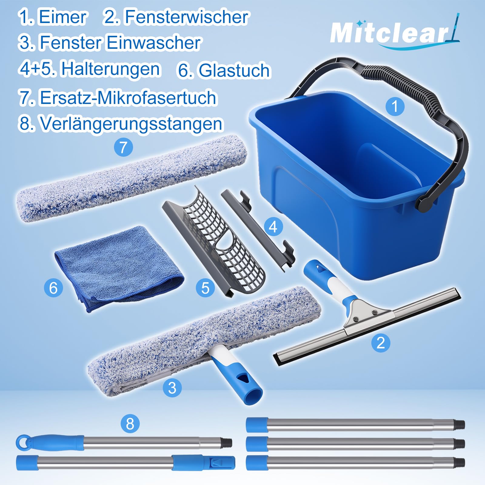 Mitclear Fensterreiniger Set, Profi Fensterputzer mit Eimer 12L, 35CM Fensterwischer & Fenster Einwascher, 196CM Teleskopstiel, Mikrofasertuch, Fensterreinigungsset für Haus, Fenster, Glas, Auto