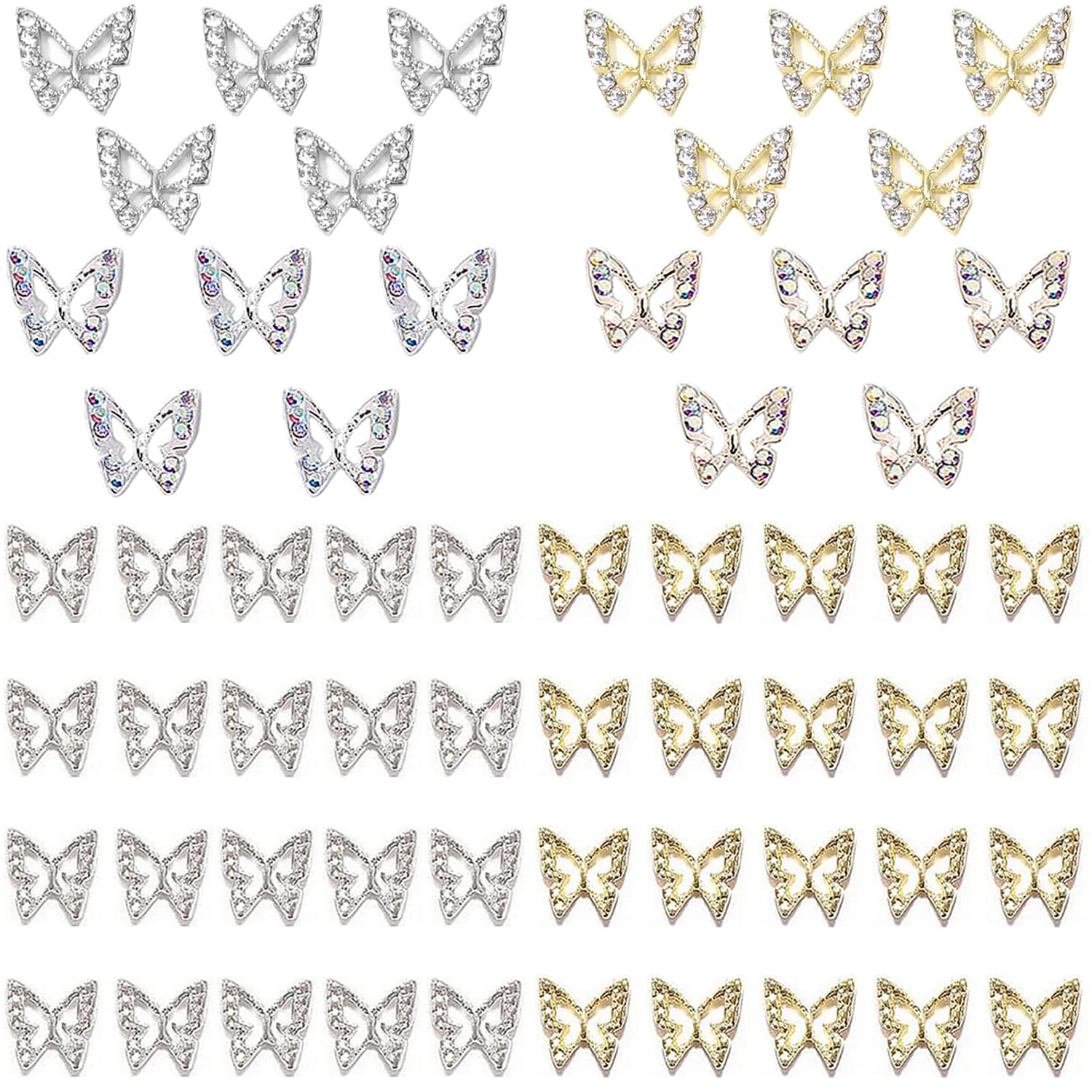 Butterfly Nail Charms,60 PCS Butterfly Charms Silver Butterfly Charms Gold Nail Charms Butterfly Charms for Nails Butterflies Nail Rhinestones Gems Charms for Women Nail Art