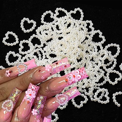 BELICEY 200 dijes de perlas de corazón blanco sagrado de estilos mixtos con parte posterior plana, lazo de estrella para uñas, diseño de perlas