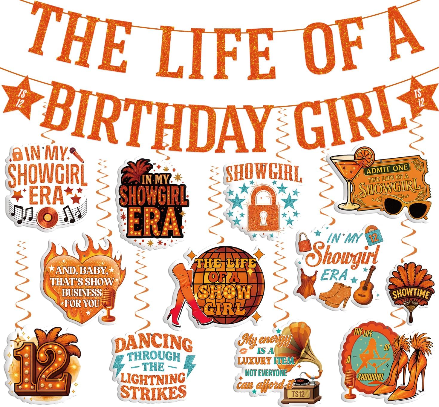 The Life of A Birthday Girls Party Decorations Glitter Orange Banner and Hanging Swirls Set Showgirl Theme Party Supplies for Birthday Party Decor