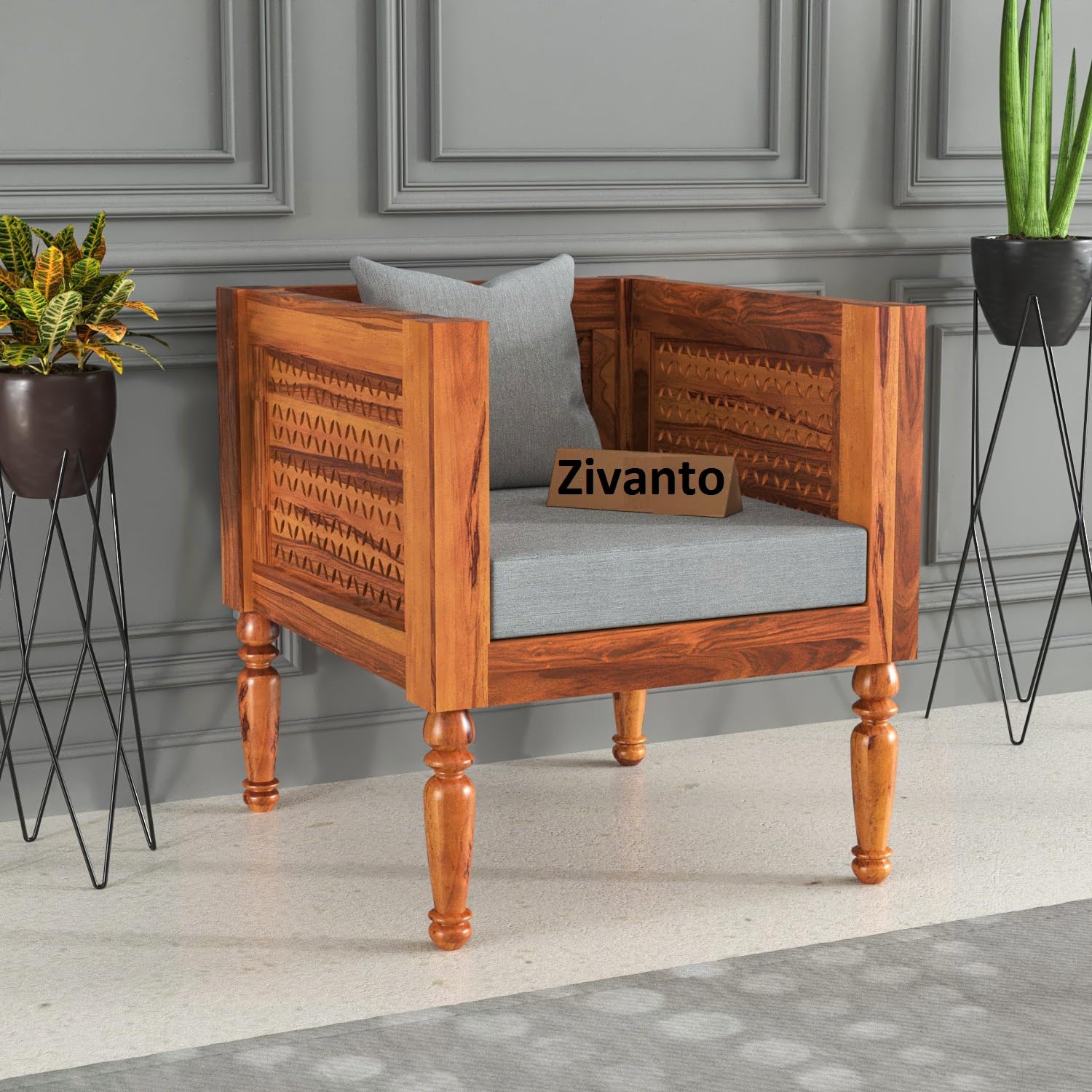 Zivanto Wooden 1 Seater Sofa Arm Chair for Living Room & Drawing Room, Capacity: One Seater, Material: Solid Sheesham Wood, Cushion Color: Grey, Finish: Honey-image-27