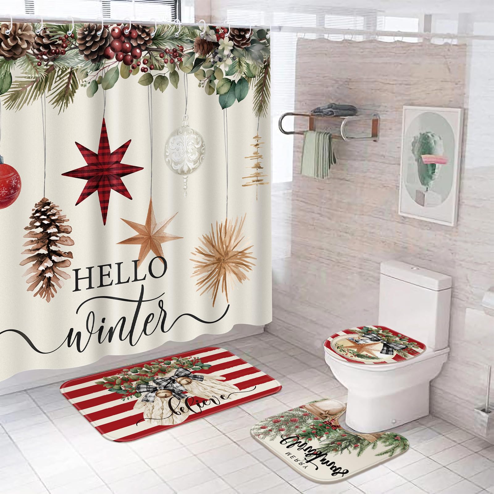 Amazon.com: Windkream 4 Pcs Christmas Shower Curtain Sets Winter Xmas ...