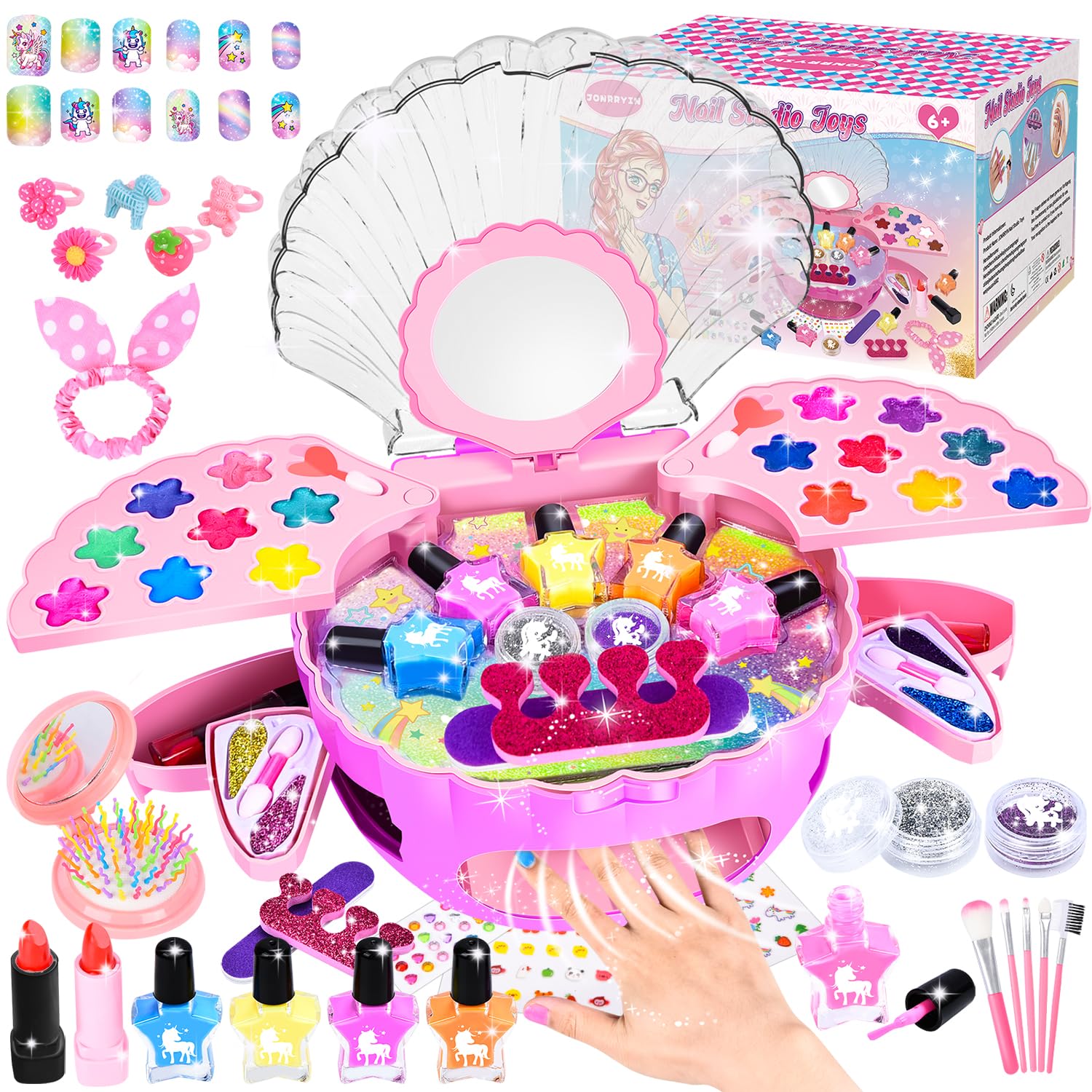 Herenear Set Manicura Niñas, Estudio Uñas Infantil, Juegos Maquillaje Arte Pintauñas para Niñas, Esmalte Uñas Peel Off Lavable con Secador Uñas, Diamantes Adhesivos 6 7 8 9 10 Años Regalos (Rosa)