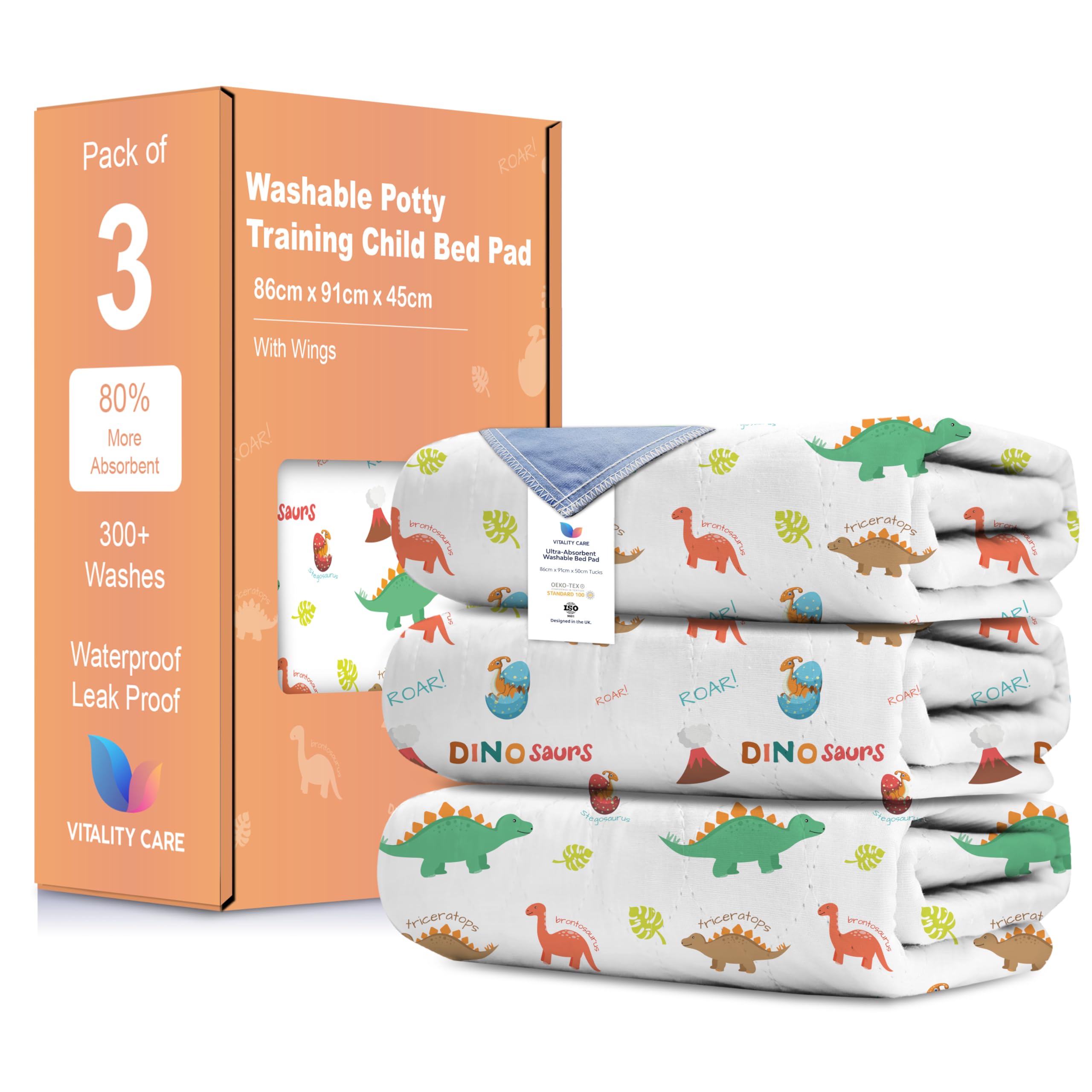 Vitality Care Waterproof Bed Wetting Mat for Kids with 5-Layer Absorbent Protection, Tuck-in Flaps, OEKO-TEX, Machine Washable, 86 x 91 cm, Dinosaur, Single
