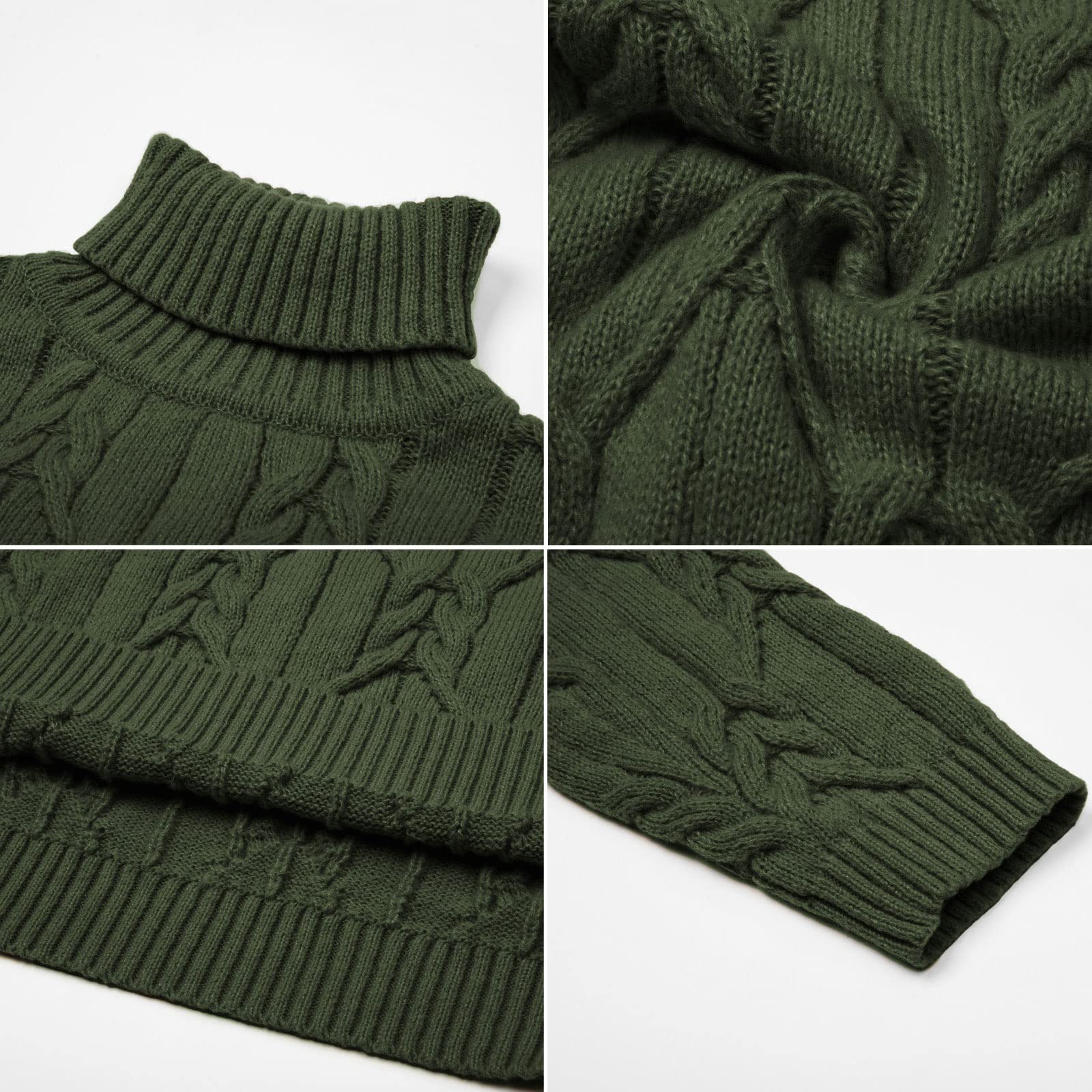GRACE KARIN Suéter de punto torcido de color sólido de manga larga suéter de punto trenzado de cuello alto de los hombres, Verde ejército, XX-Large