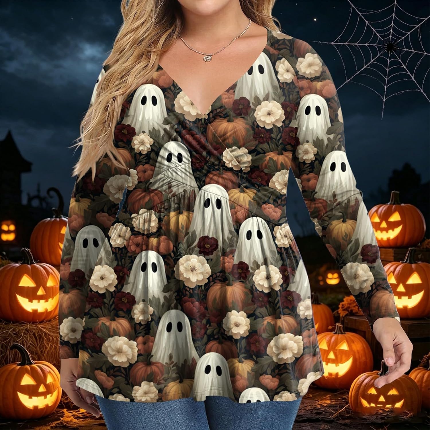 Women Plus Size Halloween Shirts Fall V Neck Long Sleeve Tops | Womens Summer Tops, Winter Shirts for Women, Cotton Blouses for Women Plus Size, Golf Outfits for Women,
