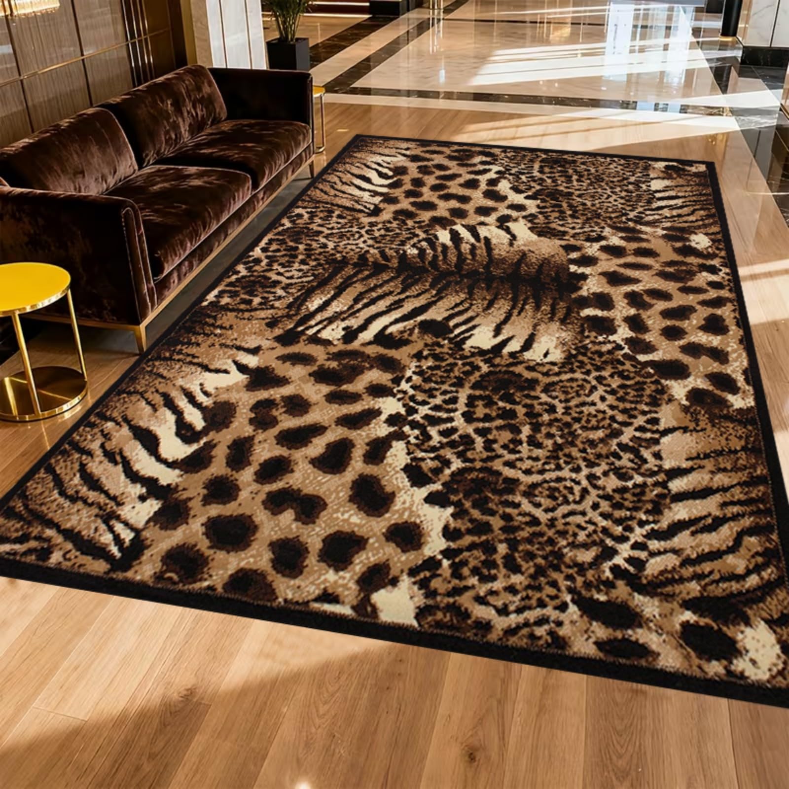 WAOTMN Cheetah & Tiger Print Rug for Bedroom 160x230cm Brown Large Faux Fur Patchwork Rug,Soft Low Pile Non-Shedding With Anti-Slip Backing for Living Room Entrance