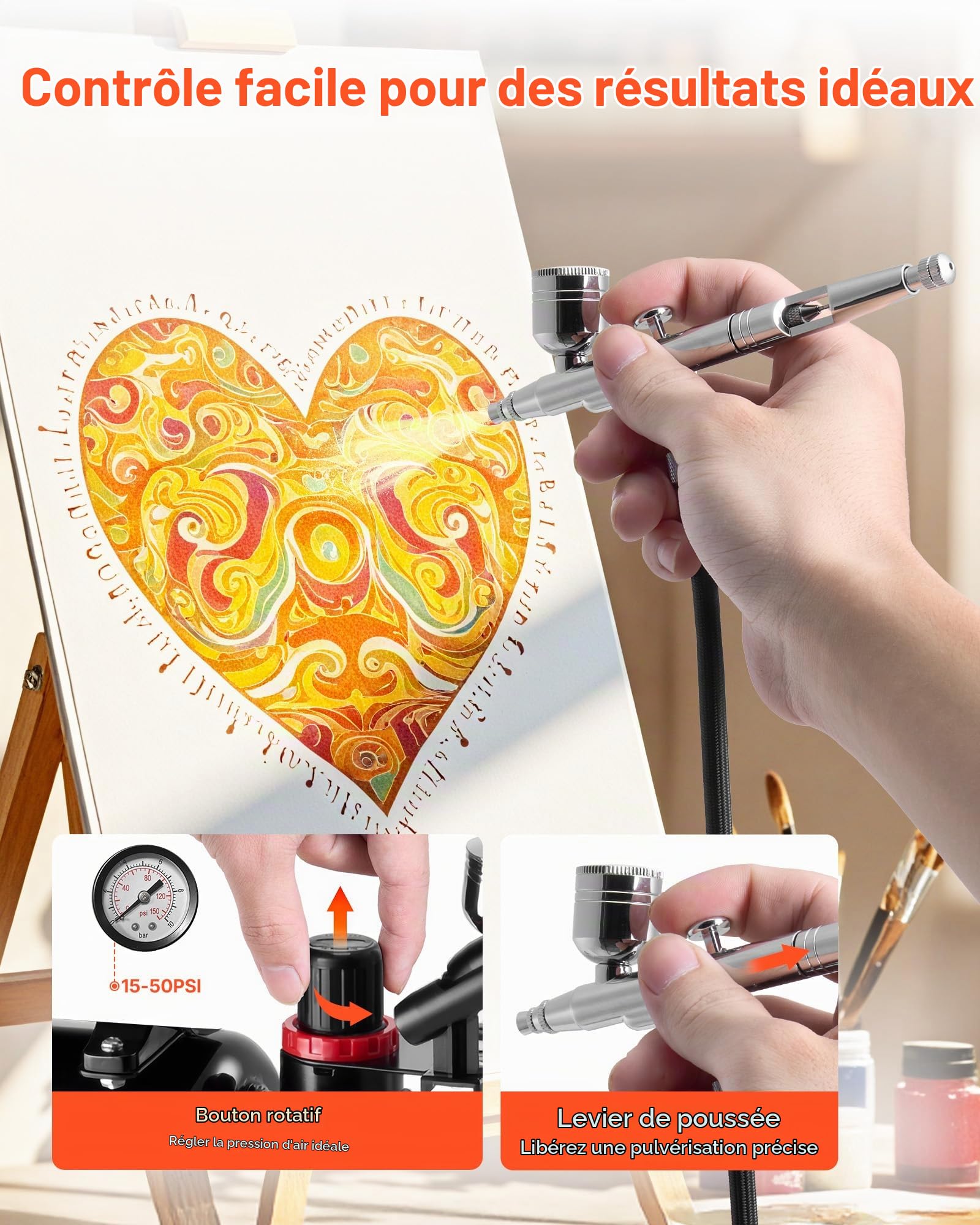 VEVOR Kit Aérographe avec Compresseur d’Air 1/6 HP et Réservoir, Compresseur Aérographe avec 1 Pistolet à Double Action, 3 Buses, Peinture Acrylique, pour Décoration Pâtisserie Onglerie Modélisme
