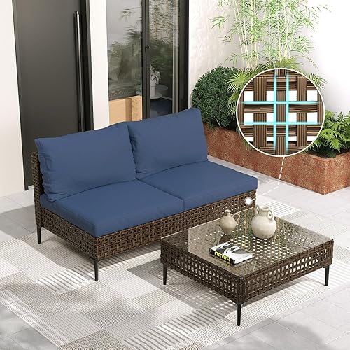 Grand patio Juego de muebles de mimbre para patio, estilo retro, sofá modular con cojines gruesos y resistentes al agua de color azul para