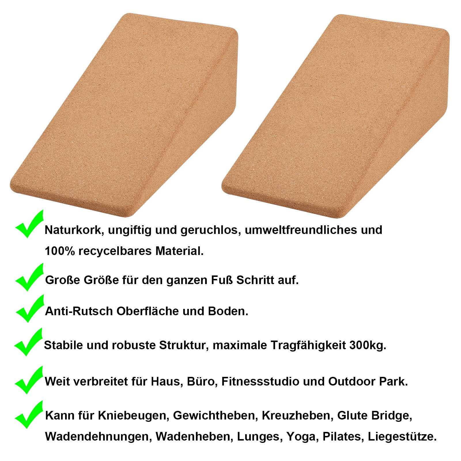 Juego de 2 rodilleras de corcho antideslizante para pantorrillas, para estiramiento de músculos y fascia, cuña de movilización para sentadillas, peso muerto y gimnasio