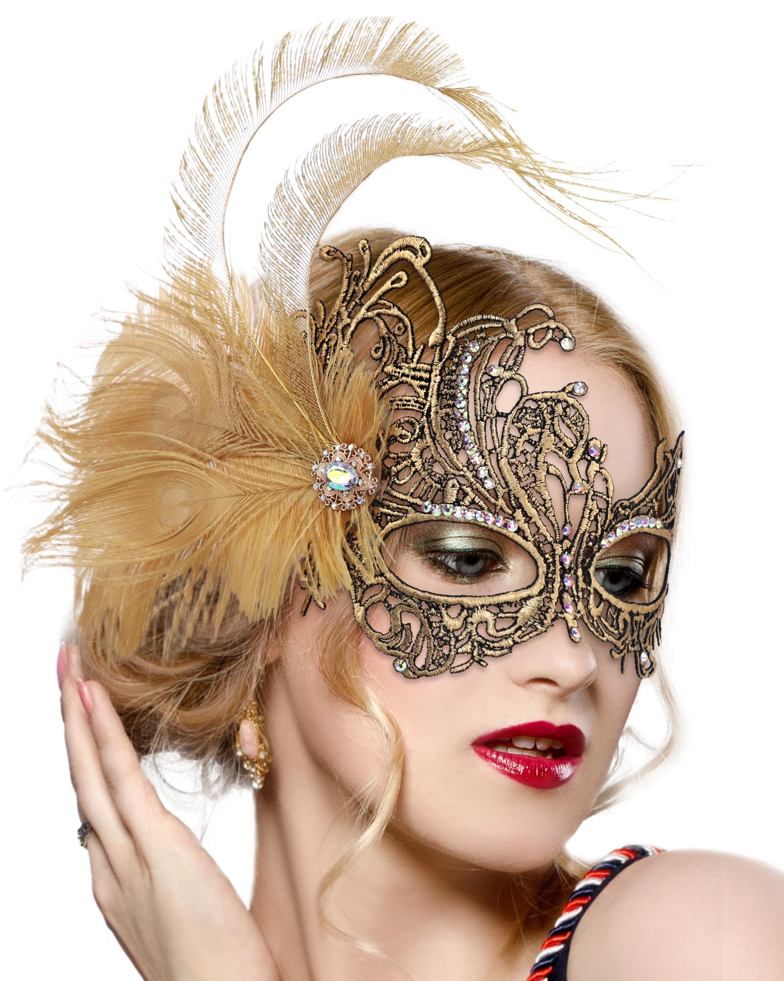 ETOFETE Feather Masquerade Mask for Women Gold Venetian Lace Eyemask