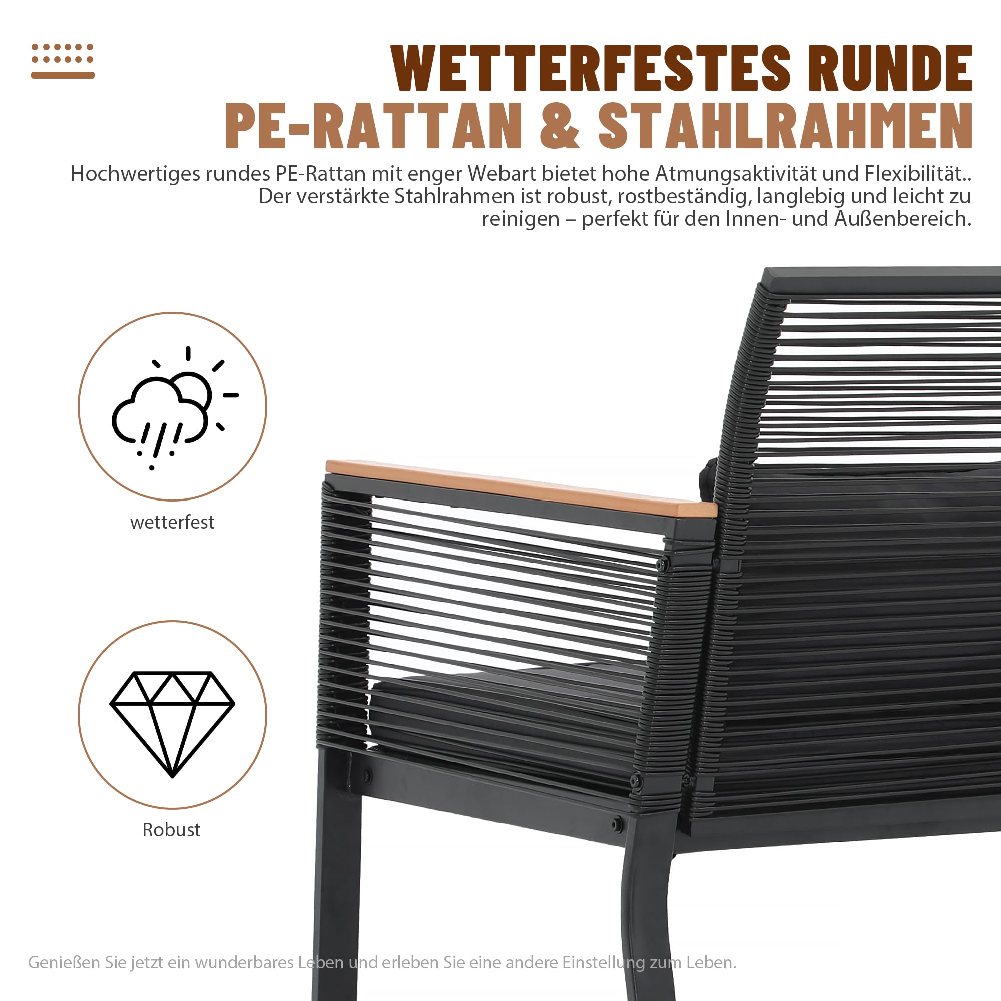 OC Orange-Casual 2er Gartenloveseat Rattan Gartenbank mit Sitzkissen&Rückkissen, Terrasse Sitzbank bis zu 160 kg, Balkonbank für Balkon, Garten, Terrasse, Hinterhof, Schwarz