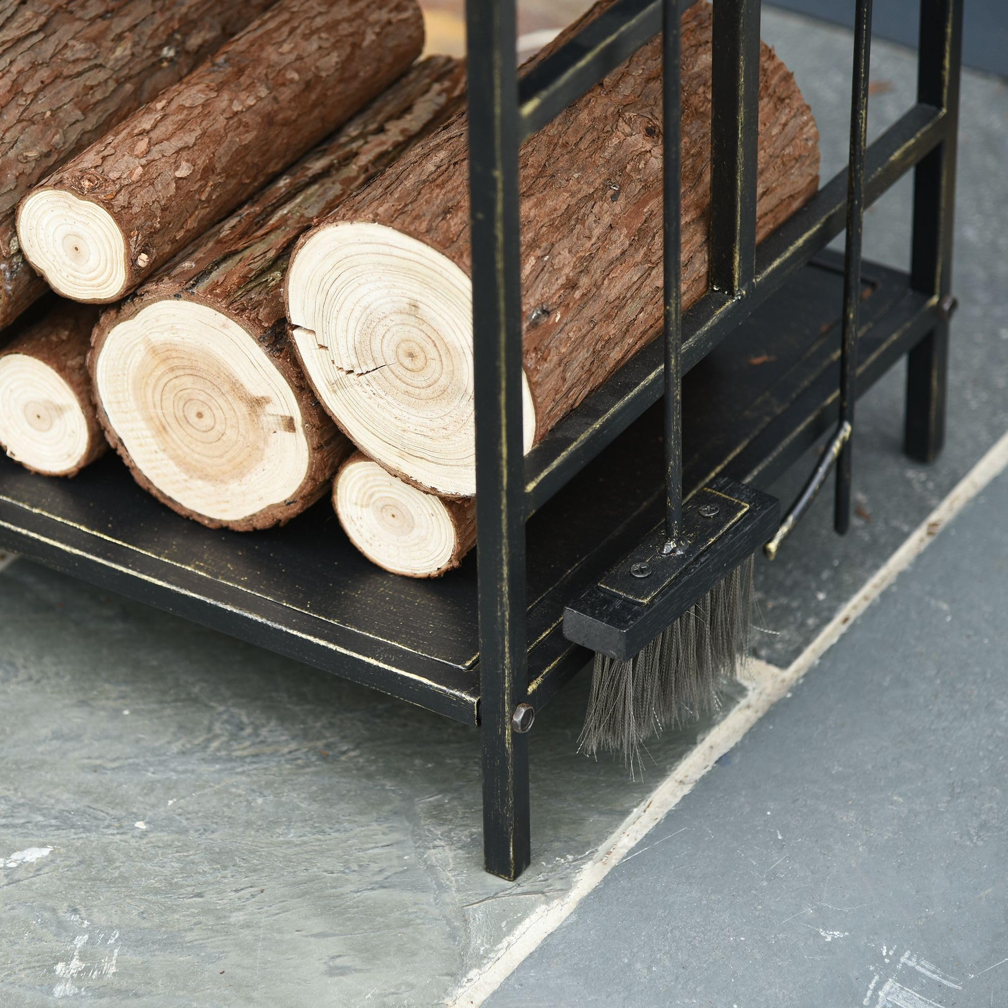 Outsunny Soporte para Leña de Metal de 2 Niveles Estante para Leña con 4 Herramientas y Asas para Chimenea para Interior y Exterior 51,5x33x77 cm Negro Dorado