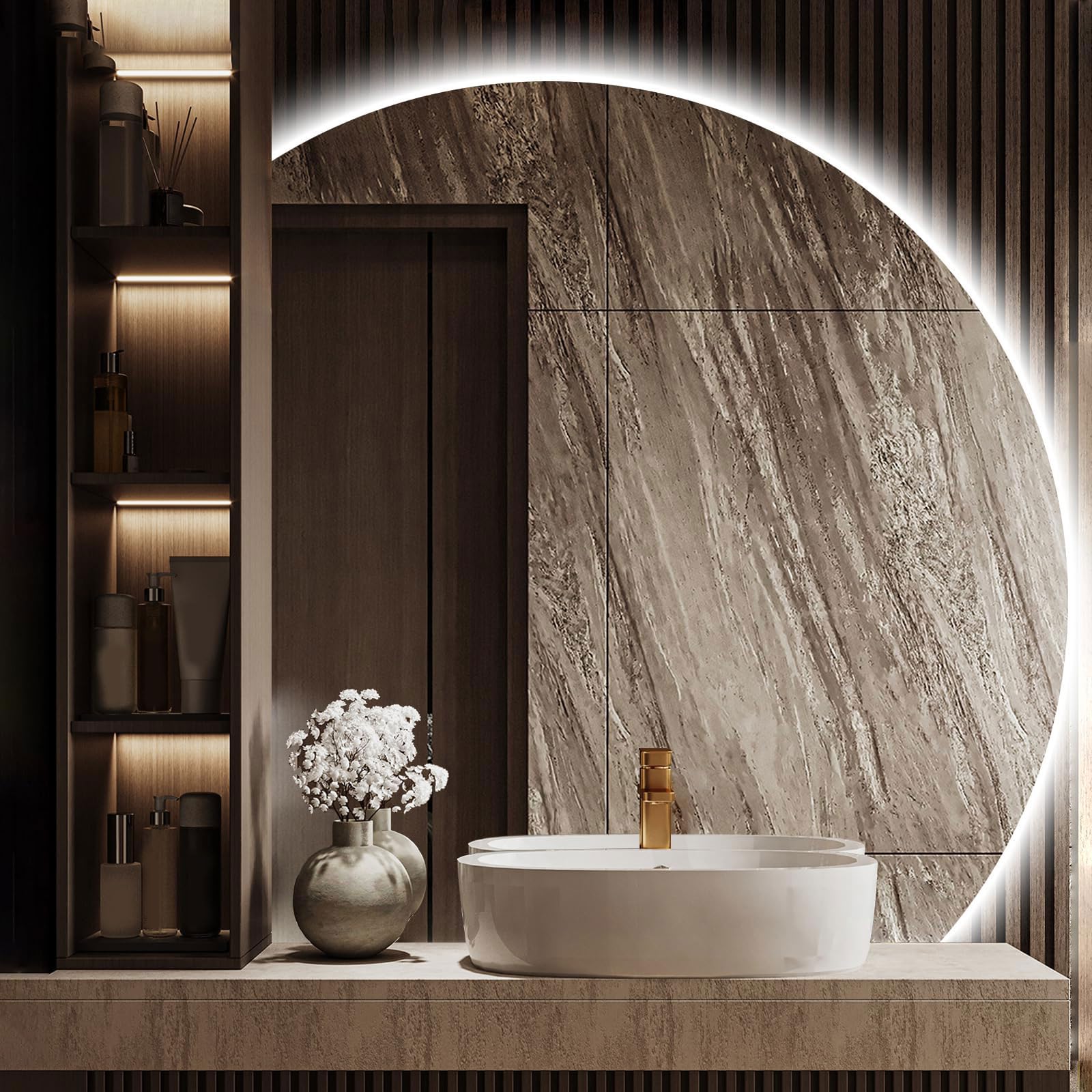 WJFTODAY LED Bathroom Mirror - Semicircle Wall Mounted, Touch Sensor, 3 Color Dimming, Illuminated Vanity Mirror for Modern Bathrooms, Adjustable Brightness, Stylish Home Decor
