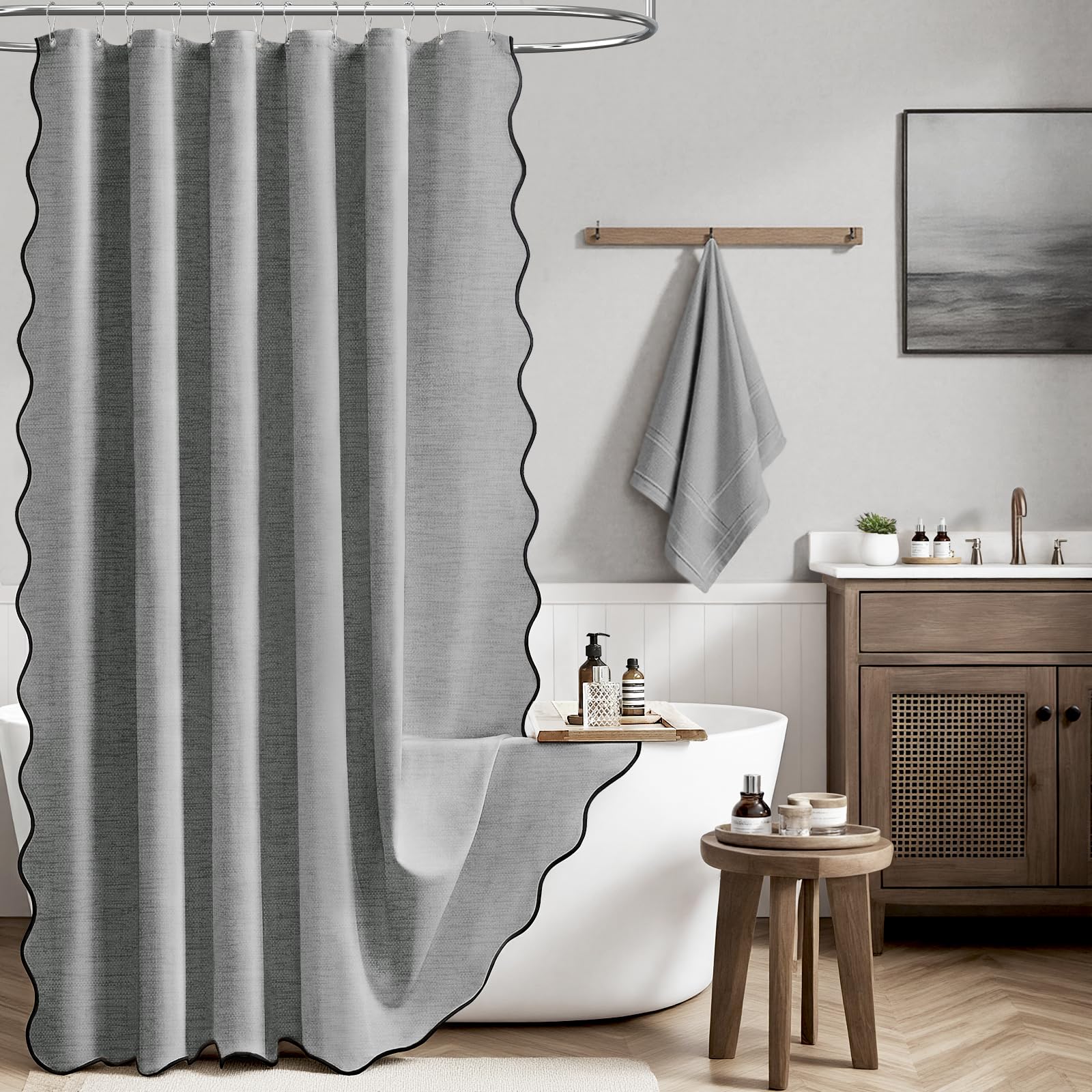 BTTN 184 x 245cm Grey Scalloped Shower Curtain, Extra Long Boho Linen Look Textured Bathroom Curtains, Anti-Mould & Waterproof, Weighted Bohemian Shower Curtain Set with 12 Plastic Hooks, Grey