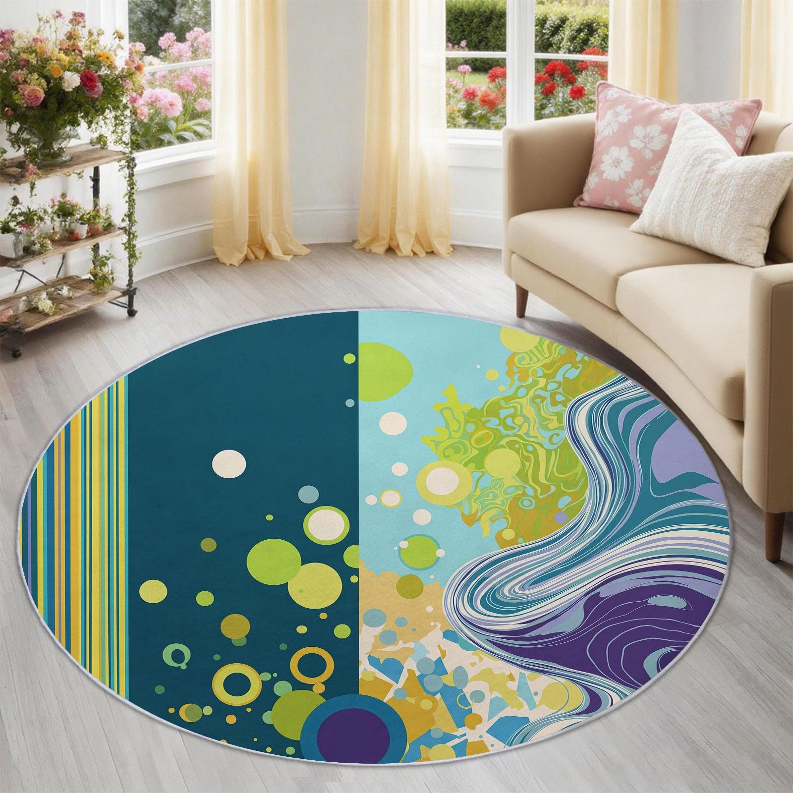 Tapis Rond Art Abstrait Bleu Sarcelle 150 cm : Une Ambiance Graphique et Confortable pour le Salon