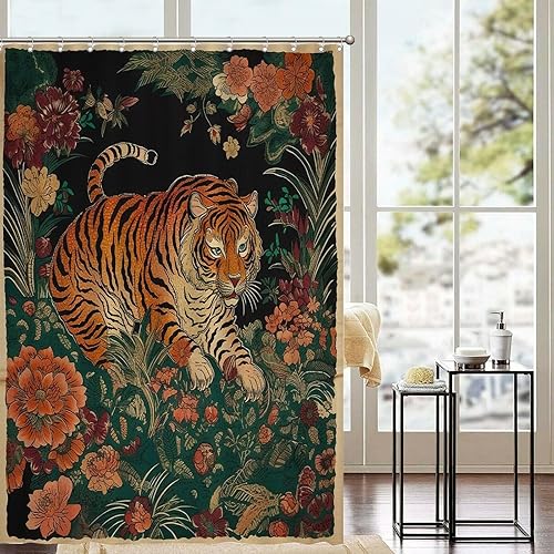 Miniatura 841 de Cortinas de ducha de baño con ganchos, 72 x 92 pulgadas, cortina de ducha de tela impermeable con diseño de flores y pájaros, cortina de ducha