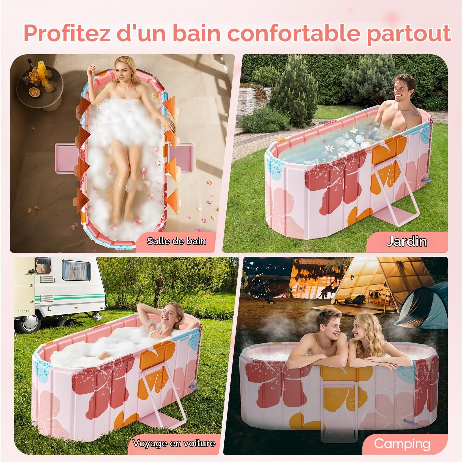 Baignoire pliable adulte 145x52x51.5cm (57.1x20.5x20.3in),Baignoire portable pliable avec 2 panneaux de support latéraux,2 trous de drainage,pour adultes,baignoires pour Intérieur/Extérieur