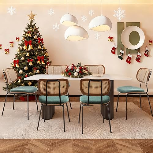 Miniatura 5 de Juego de 2 sillas de comedor de ratán, sillas de comedor modernas de mediados de siglo con respaldo de caña para cocina y comedor, tela de 19