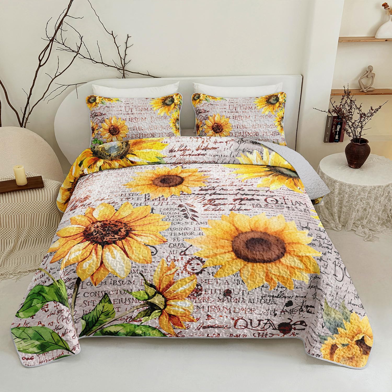 Sunflower Floral Pattern Quilt Set King Size - Comfy Lightweight Bedding Quilt Set, 3 Pcs Bohemian Yellow Flower Bedspread with Pillow Shams, All-Season Comfort - Image 3
