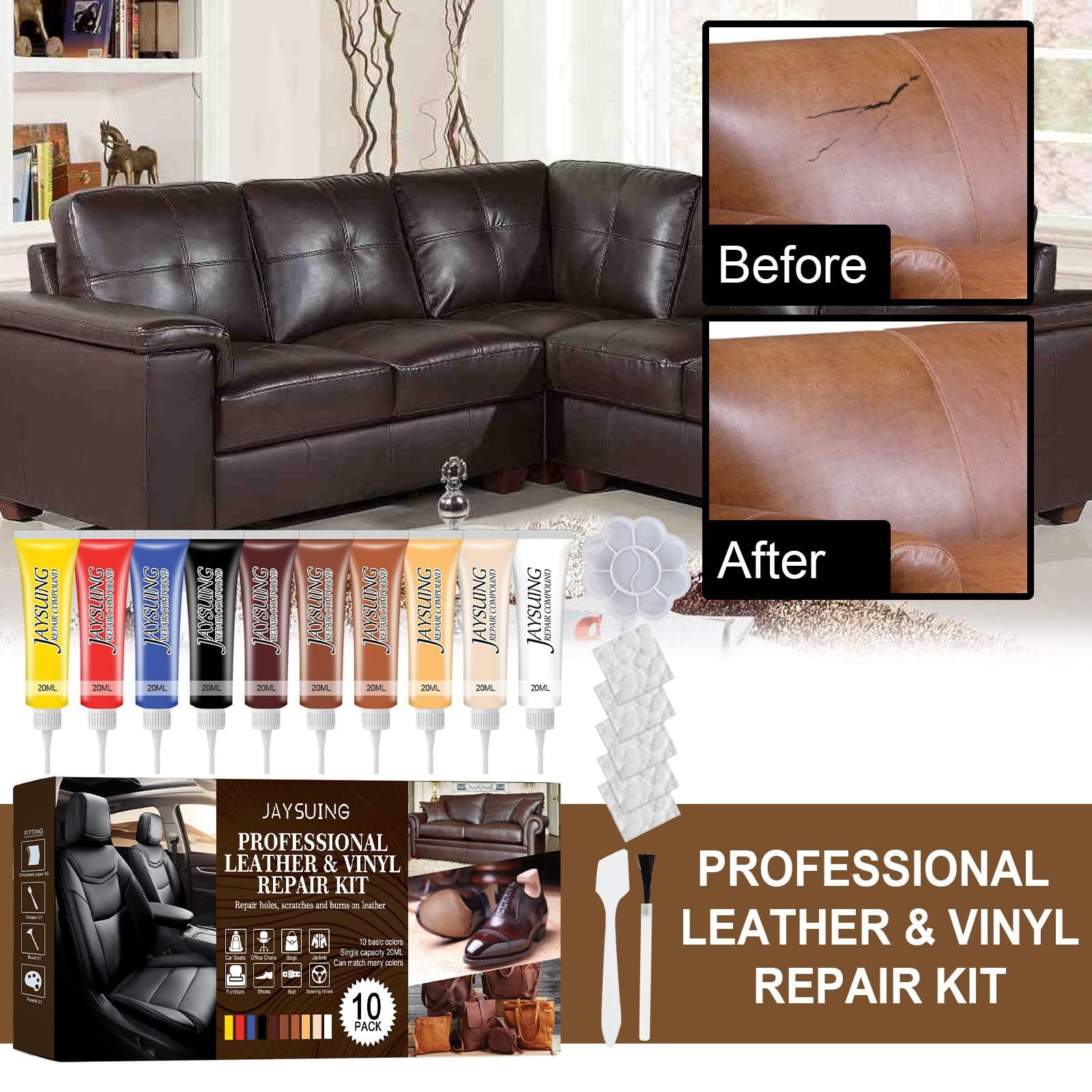 BBjinronjy Leder Reparatur Set,10 Farben Kunstleder Reparaturset für Ledersofa,Autositze,Möbel,Mäntel,Lederjacke,Lederpflege