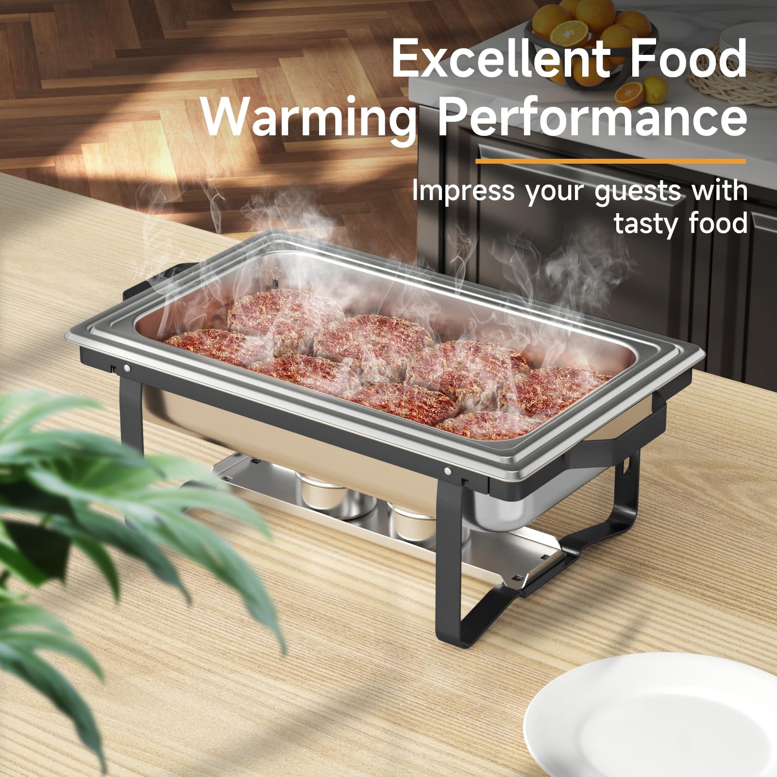 Scaldavivande per buffet, confezione da 4 pezzi, scaldavivande in acciaio inossidabile di alta qualità, set completo, manico in acciaio, set completo di scaldavivande da buffet per catering, eventi
