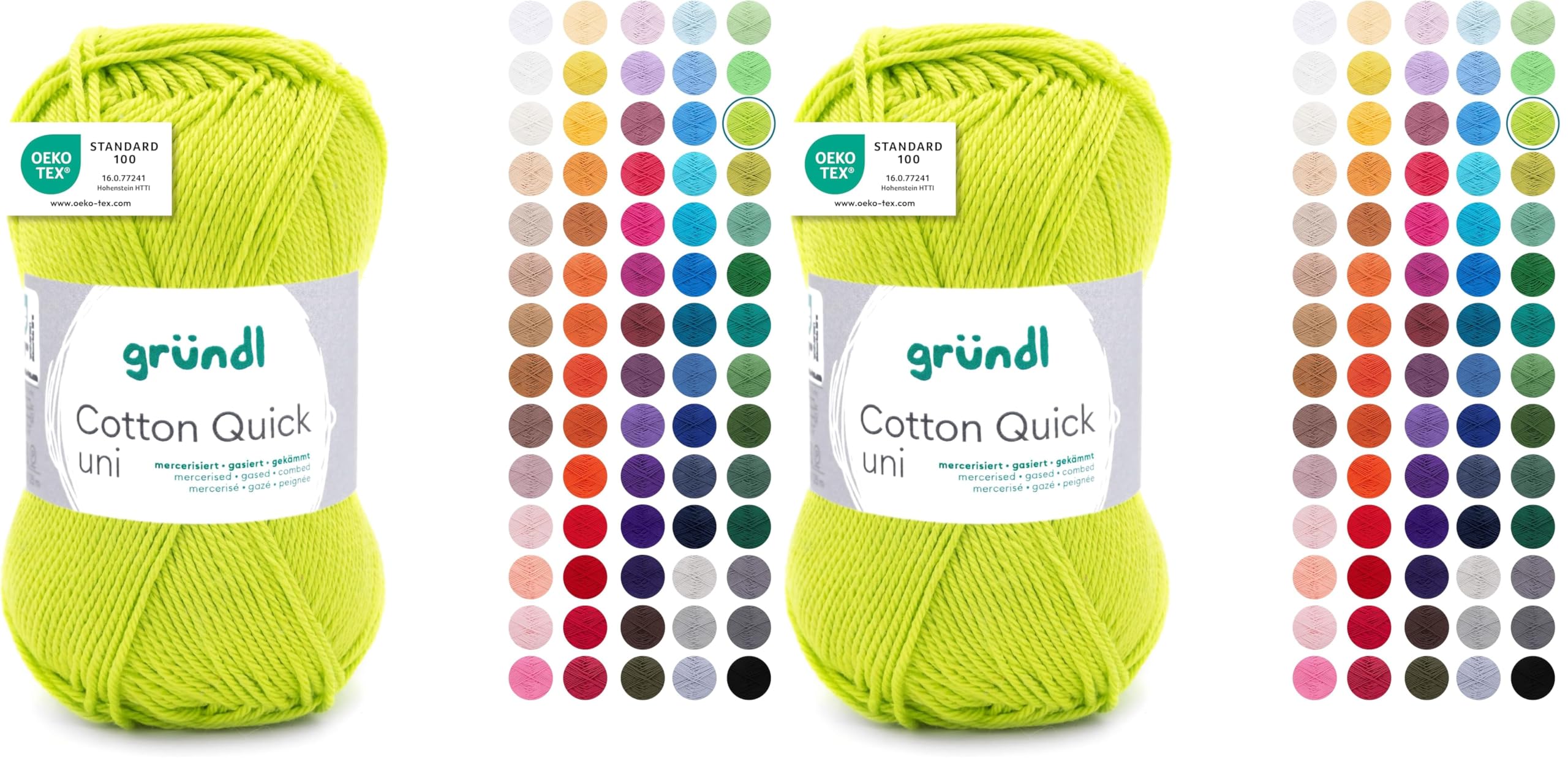 Gründl Wolle Cotton Quick uni - dünne Wolle zum Häkeln - Strickgarn - Häkelgarn - Glänzend und hautfreundlich - 100% Baumwolle - 1 Knäuel 50 g / 125 m - Nadelstärke 3-4 - Hellgrün (Packung mit 2)