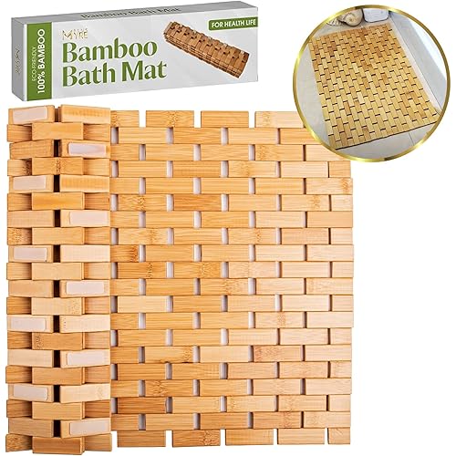 Bamboo Bath Mat - Our Non Slip Quick Drying Mat for Bathroom and Kitchen Comes in Water-Resistant Organic Bamboo with Beautiful Lattice Pattern and Nonskid Silicone Pads, 24 x 16 Inches