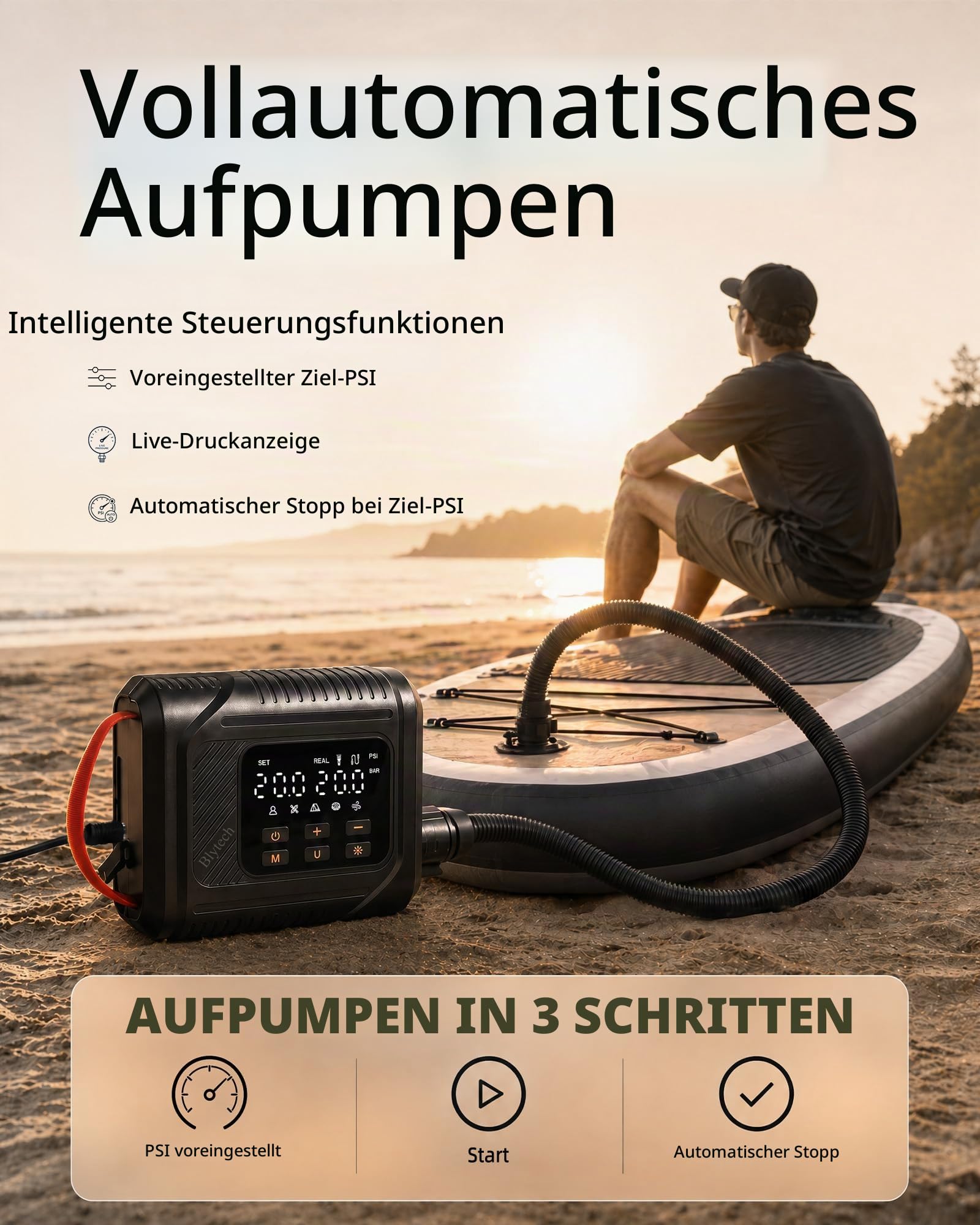Elektrische SUP Pumpe 20 PSI, mit 12V-DC-Autoanschluss, ohne Akku | Betrieb über 12V-DC-Autosteckdose. Dual-Stage, Aufblasen, Entlüften und Auto-Stopp,für SUP, Kajaks, Zelte & Pools.
