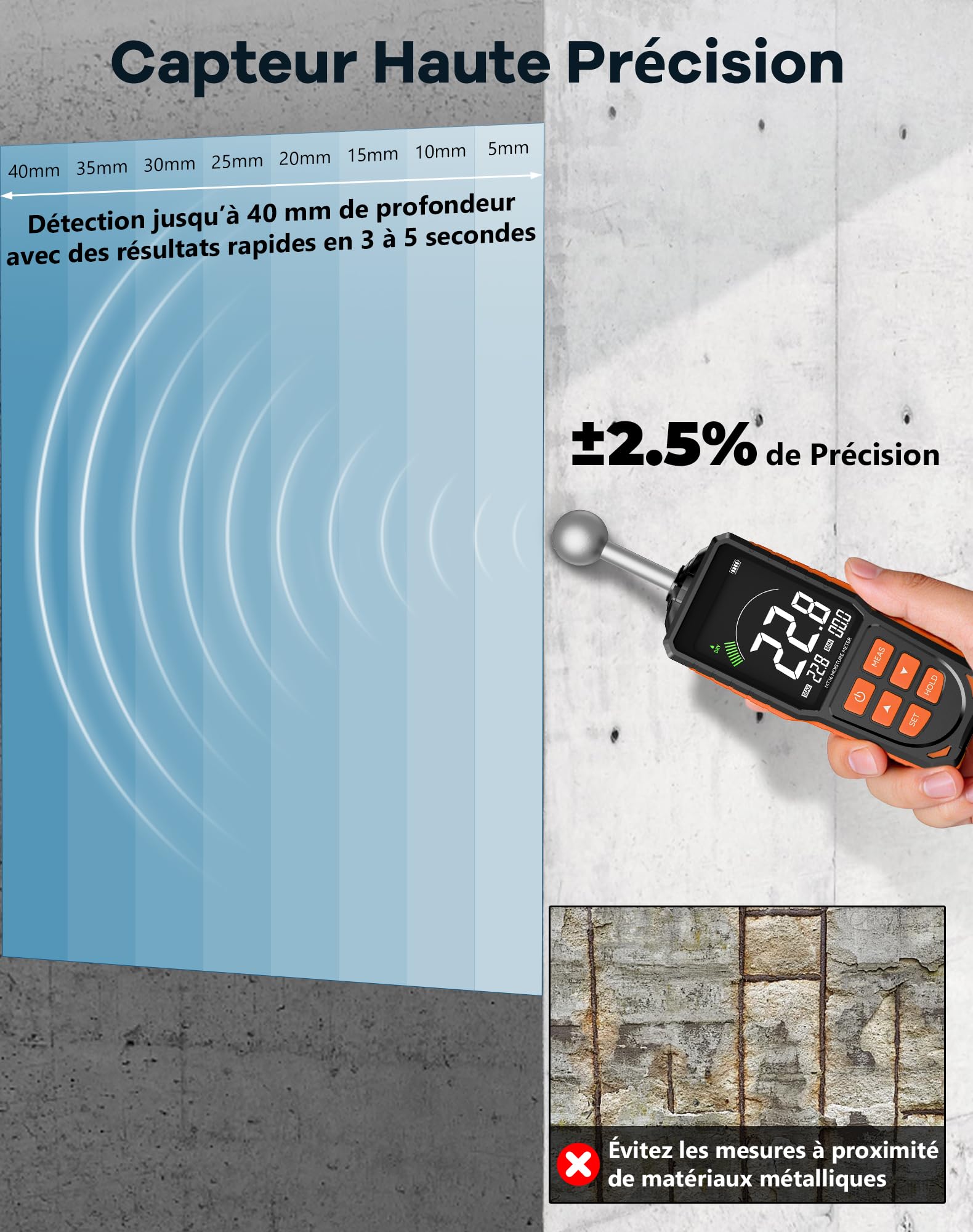 Humidimètre Mural avec Sonde Sphérique, Écran LCD Rétroéclairé, Alarme, Rechargeable USB, Profondeur 5-40 mm pour Bois, Murs et Béton