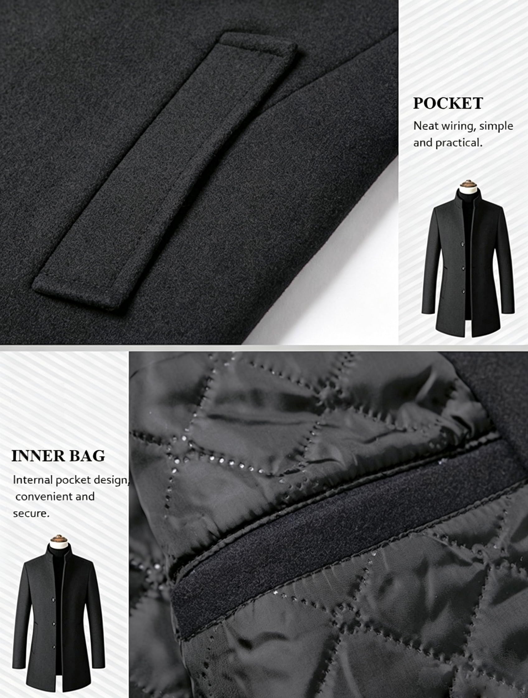 FTCayanz Cappotto da uomo in misto lana slim fit top coat monopetto cappotto da lavoro