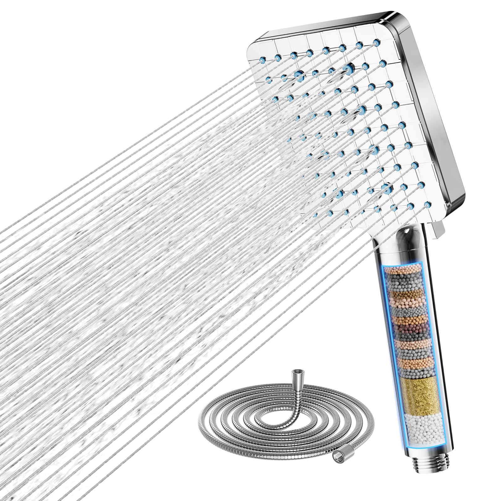 Cobbe Duschkopf mit Filter, Hochdruck Handbrause mit Filtration in 20 Schichten 1,5M Schlauch, 6 Strahlarten Quadratisch Sparduschkopf, Chrom