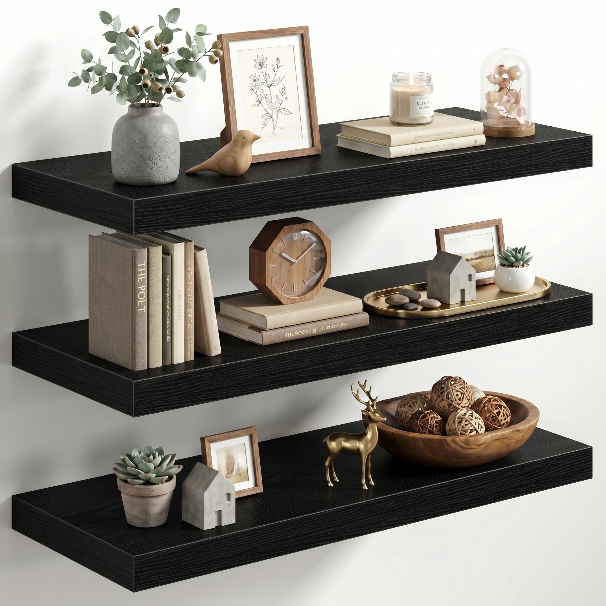 Fun Memories 30 Inch Floating Shelves for Wall, 12" Deep Large Wall Mounted Wood Shelves with Invisible Bracket, Rustic Black Floating Shelf for Bathroom Over Toilet Kitchen Living Room, Set of 3