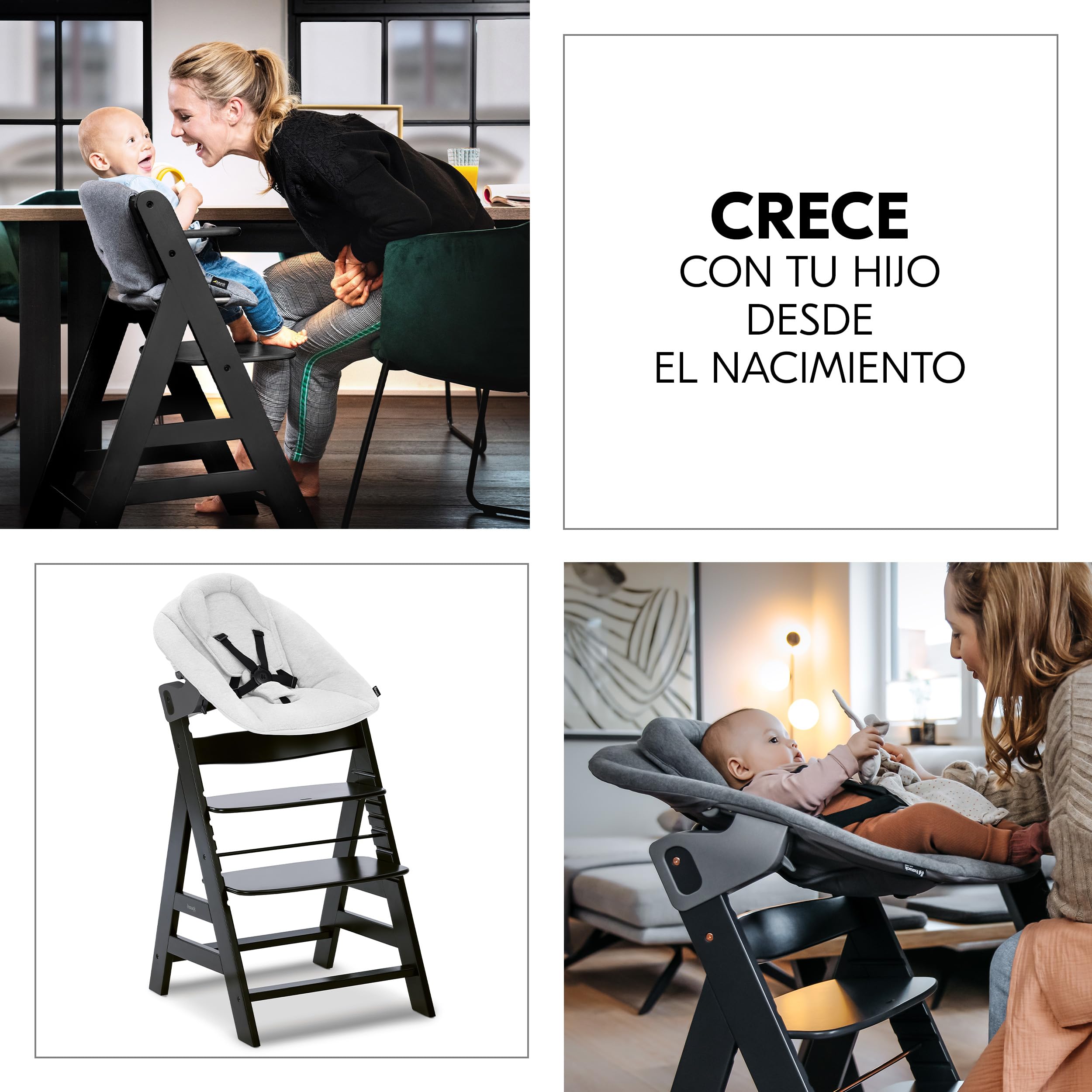 hauck Alpha Plus Premium Set de Trona Evolutiva Bebé con Hamaca Reclinable para Recién Nacidos y Cojín de Algodón - Sillas Tronas Madera con Arnés de 5 Puntos