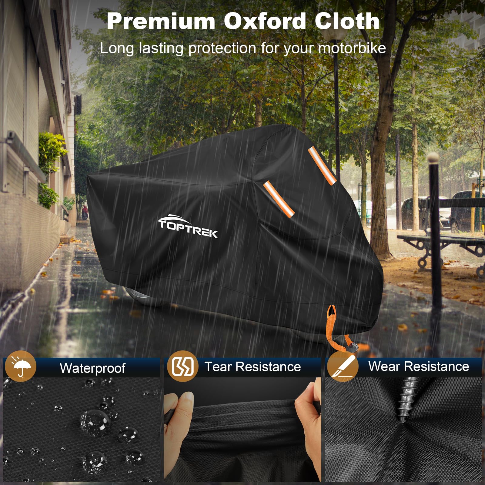 toptrek Motorbike Cover, 210D Oxford XXL Motorcycle Cover Waterproof with Orange Lock Holes and Windproof Buckles, Dustproof UV Protection Scooter Moped Cover for Motorbikes (96.5 x 41 x 50inch) — view 3