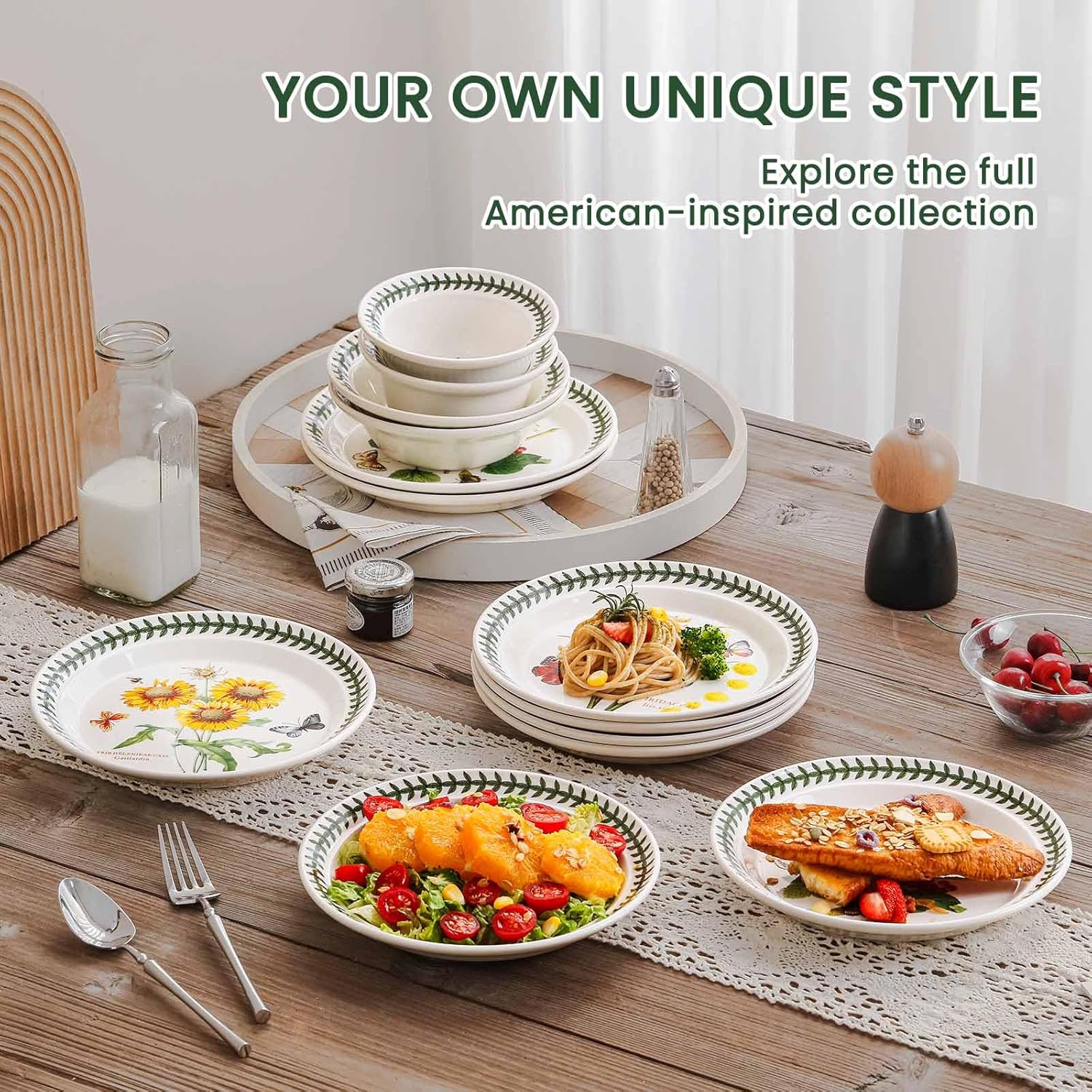 KXZ Ceramic Salad Plates Set of 6, Porcelain Dinner Plates for Dessert, Porcelain, Decorative, Flat, Microwave, Dishwasher and Oven Safe (8.5 Inch, Flower)