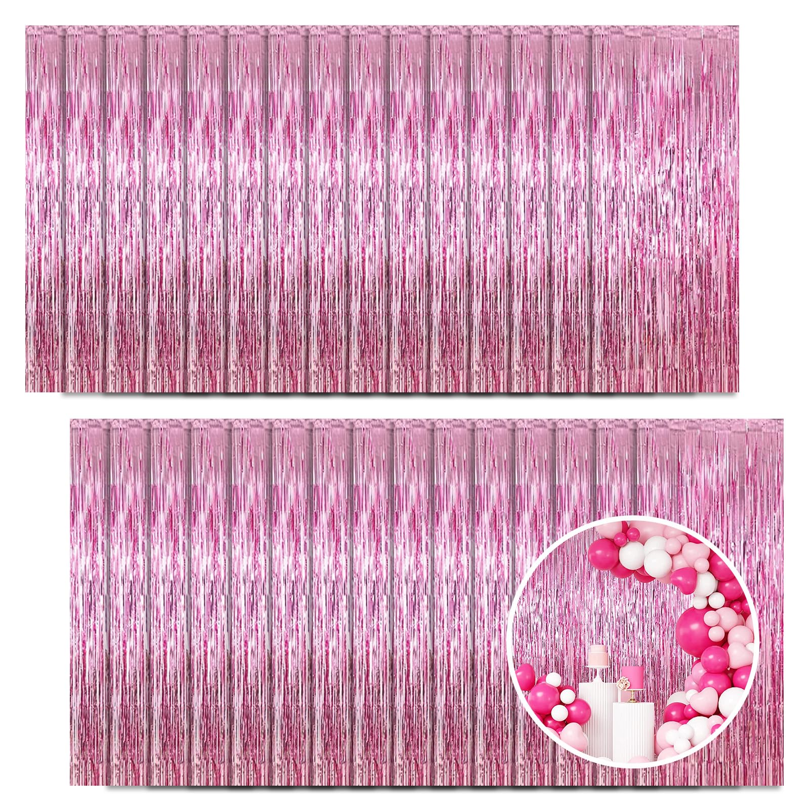 30 Pack Pink Foil Fringe Curtain Backdrop, 3.3x8.2 Feet Metallic Tinsel Streamer Curtains Photo Booth Props for Wedding/Birthday/Baby Shower/Valentine's Day/Princess Themed Party Decorations