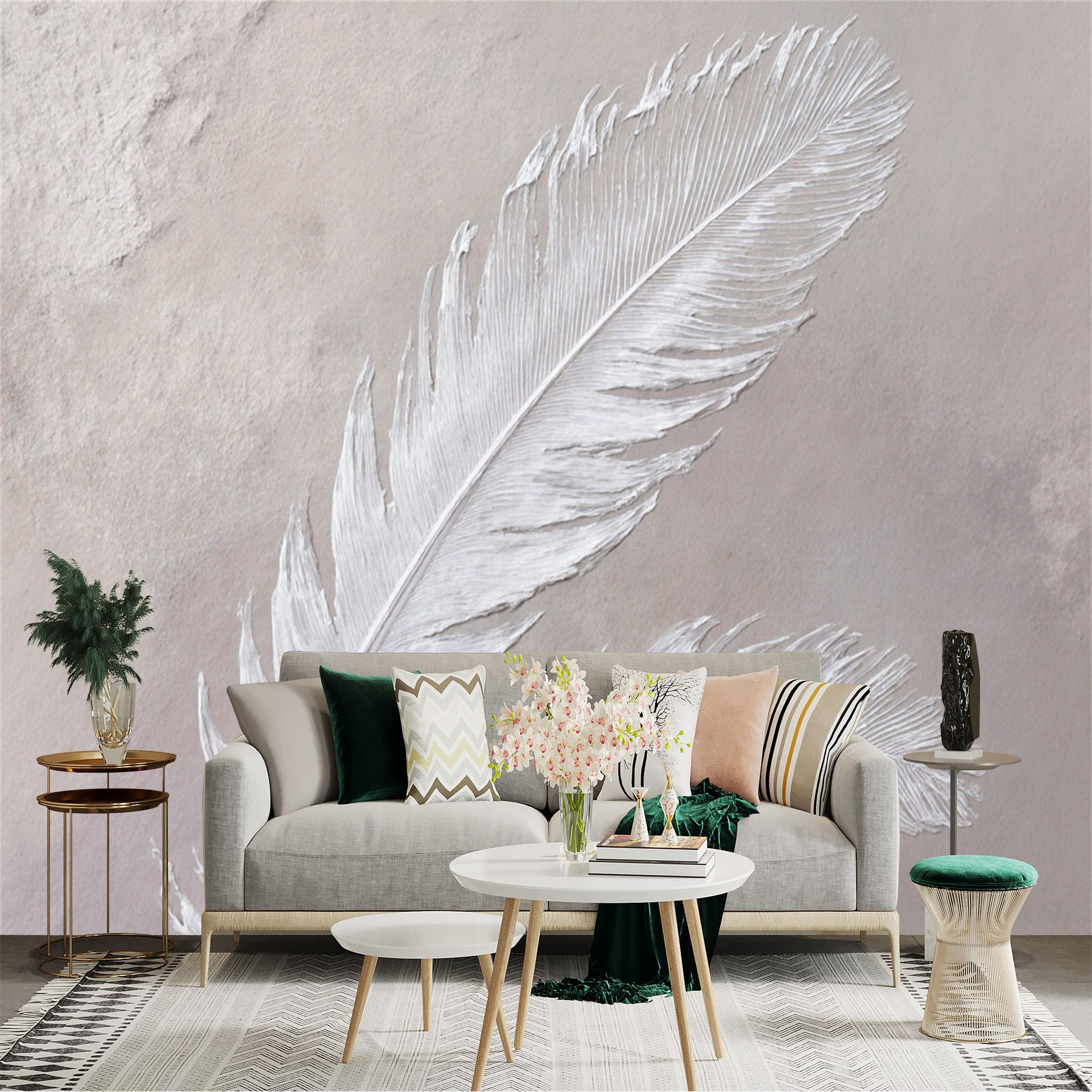 Custom Size Wall Sticker Mural， Elegant White Feathers with Textured Background， Minimalist Art， Abstract Decor， for wall Decoration， peelandstick wall Decals.