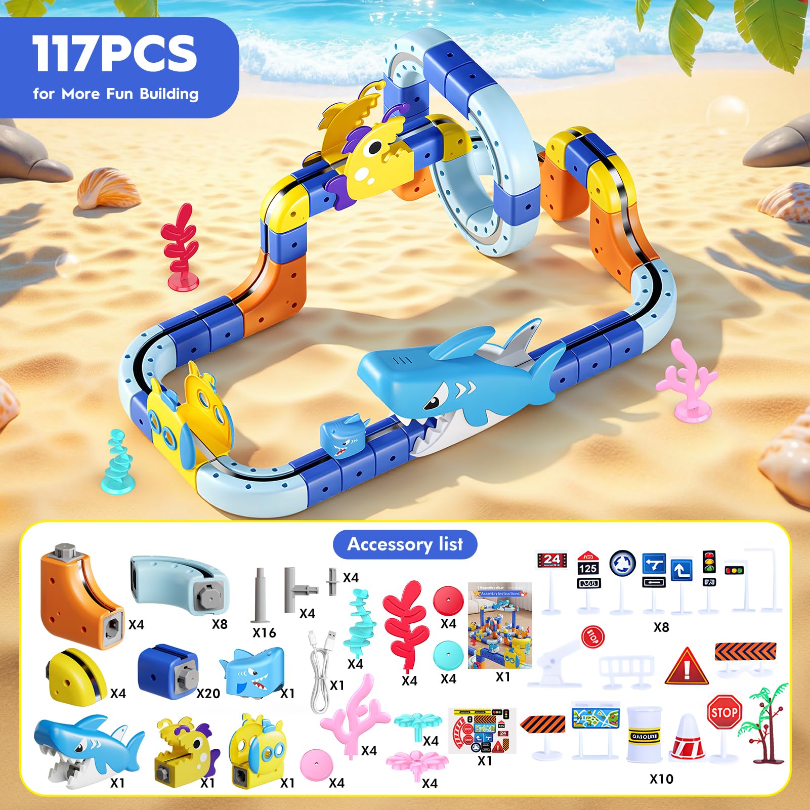 EUCOCO Spielzeug ab 3 4 5 6 7 8 Jahre Junge, Clickrail Electric Train Set 117 PCS Ozean-Thema Cubix 3D Zug Flexible Geschenk Junge Mädchen 3-8 Jahre Cube Track Magnetische Bahn