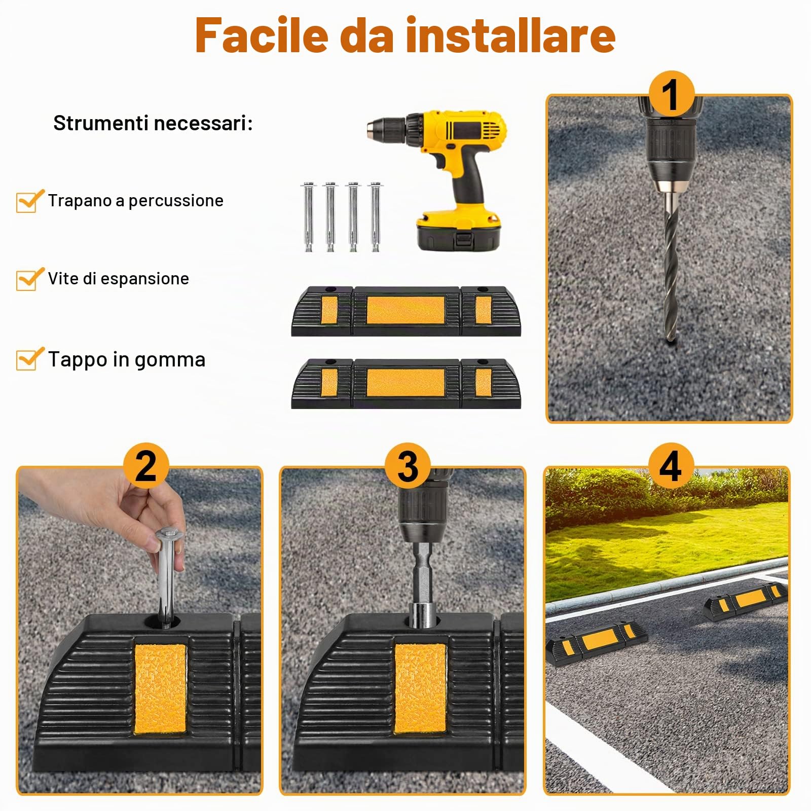 UISEBRT Fermaruota in Gomma – 4 Pezzi Barrier di parcheggio in gomma limitazione del parcheggio con strisce riflettenti per garage e parcheggi, 60 x 12 x 10 cm, Nero + Giallo (4 Pezzi)