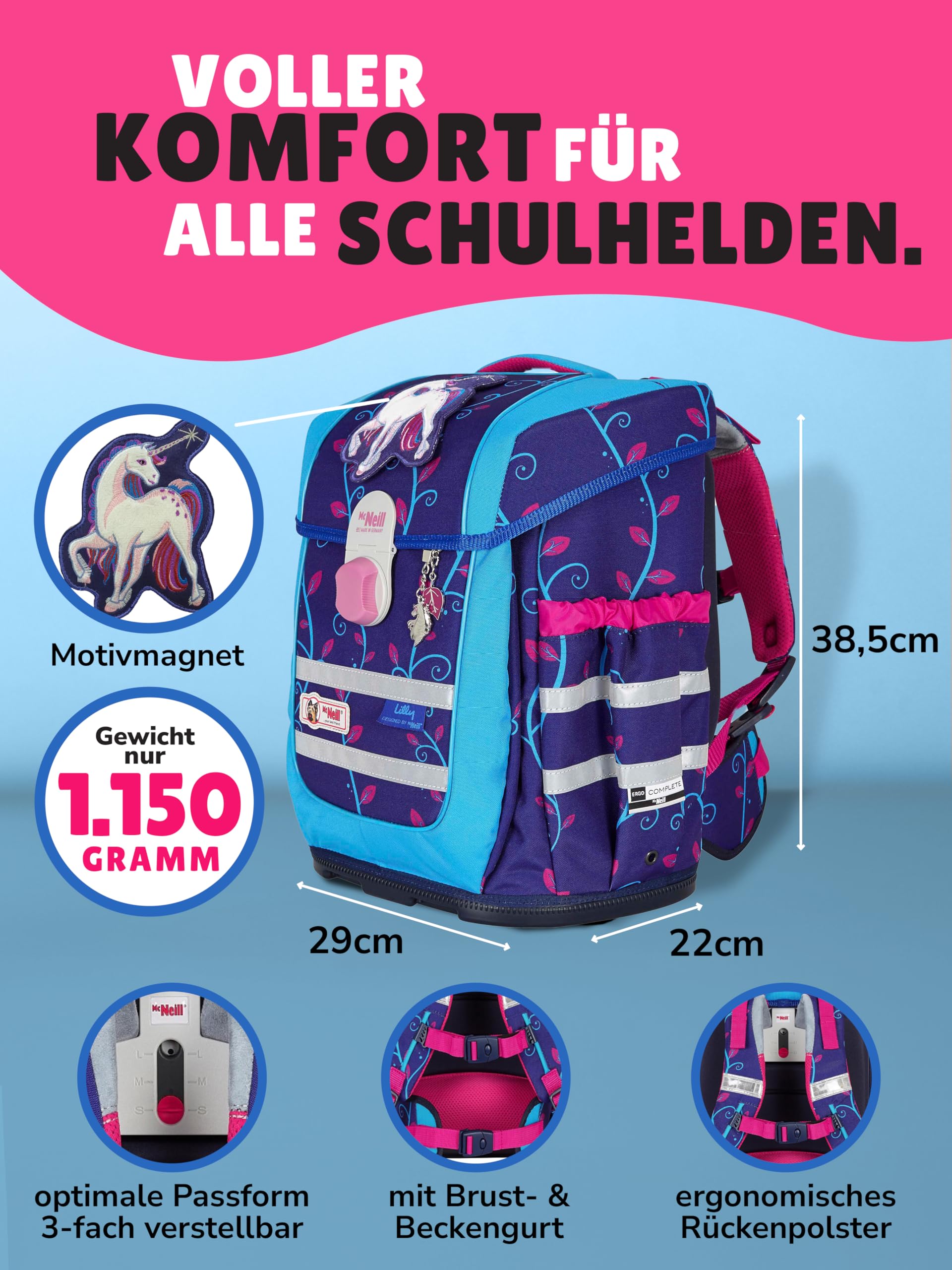 Familando - McNeill Ergo Complete Schulranzen Set - 10-teilig - Lilly Einhorn/Unicorn - Ergonomisch & 3-Fach verstellbar - 1150g leicht mit 20L Volumen & Reflektoren - Für Grundschule ab 1. Klasse