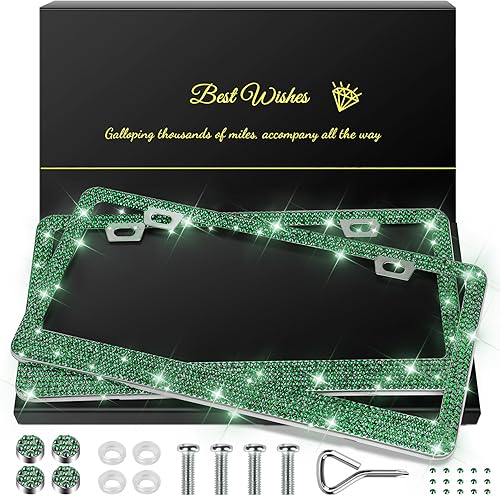 Vista 35 de Paquete de 2 marcos de matrícula brillantes para mujer, accesorios de automóvil con diamantes de imitación brillantes con tapas de cristal con Blanco