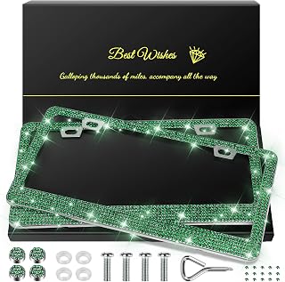 QUANQIUFEI 2 Pack Bling License Plate Frames for Women, Sparkly Rhinestone Diamond Car Accessories with Glitter Crystal Caps (Dark Green)